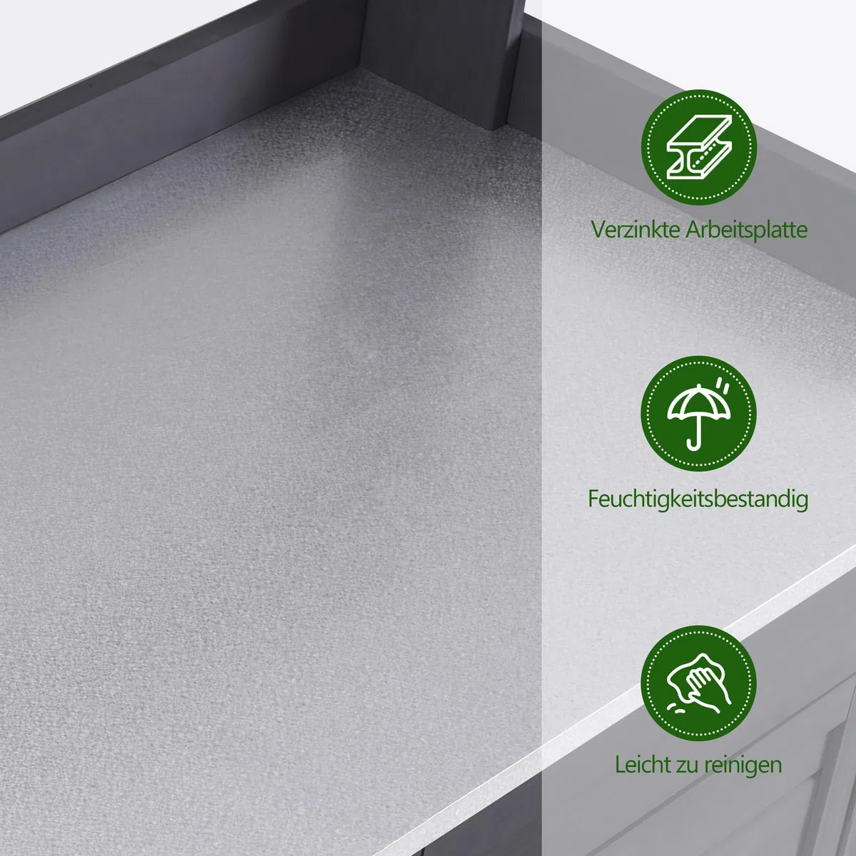 M MCombo Pflanztisch mit Schublade, Ablage, Verzinkter Arbeitsplatte & Schrank, Gärtnertisch Wetterfest mit 3 Haken, Blumentisch Massivholz für Garten, Balkon & Terrasse, 48 x112 x 126 cm, 0440 (Grau)