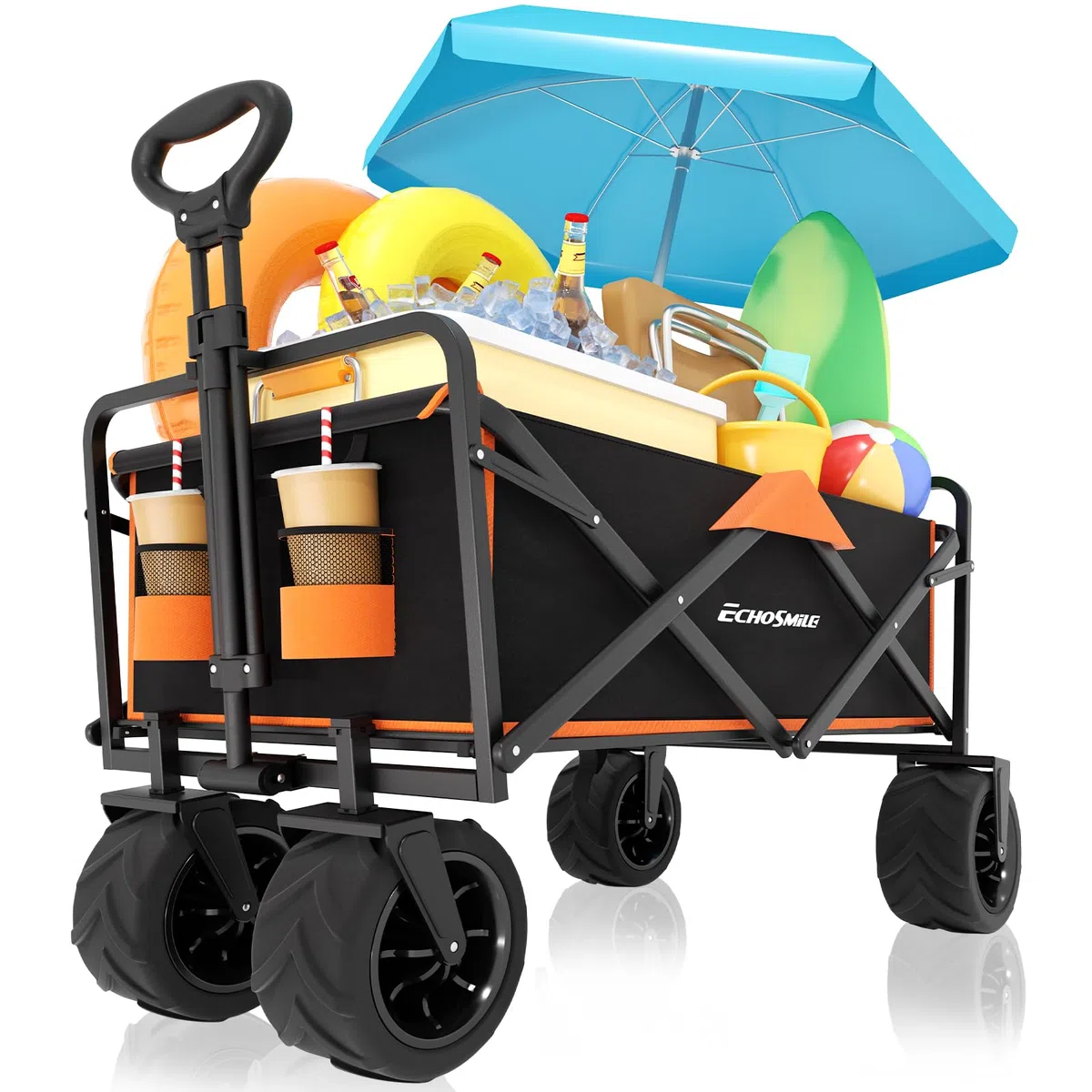 EchoSmile Bollerwagen Faltbar 200L 160KG, Handwagen Transportwagen Klappbar mit Verstellbarem Griff & Seitentaschen, Breite Räder All-Terrain Strandwagen Gartenwagen Einkaufswagen, Schwarz & Orange