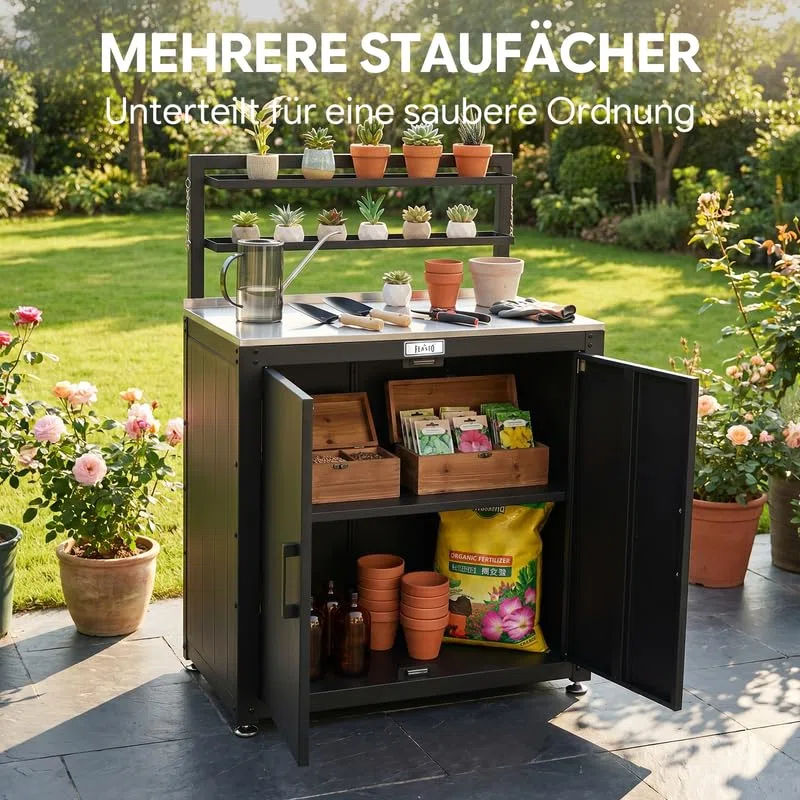 Feasto Gartenschrank wetterfest mit Edelstahl-Arbeitsplatte, 2 verstellbare Regalböden, Pflanztisch aus Metall für Gärten & Terrasse, 80x48x113 cm