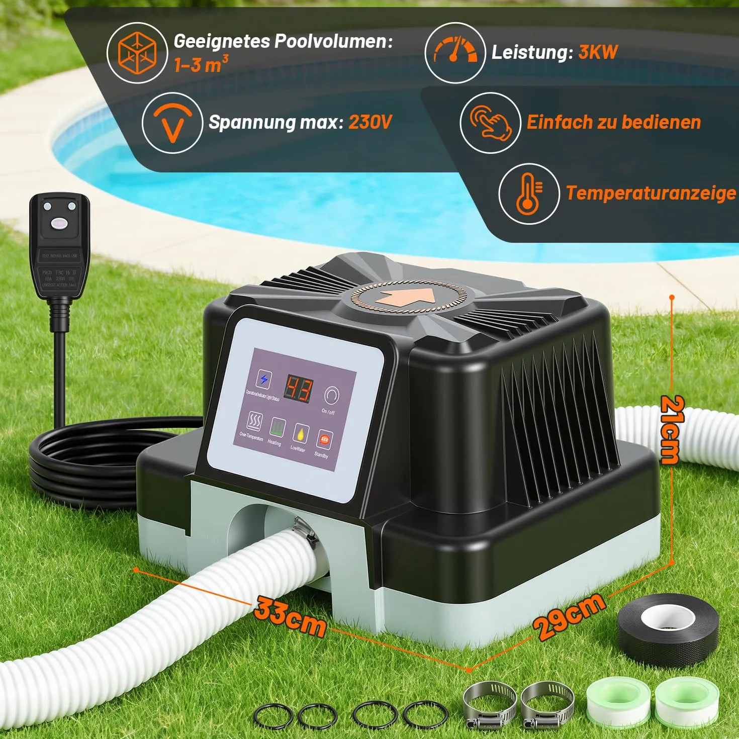Poolheizung, 3KW Poolheizung Elektrisch mit FI-Schutz & Kippschutz, Digitalanzeige, Wasserdichtes Gehäuse, für Oberirdische Pools bis 3 m³, 32-38 mm Anschluss