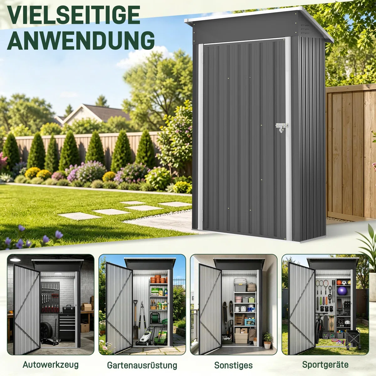 Gartenhaus Metall 96 x 75 x 185 cm Geräteschuppen wetterfest abschließbar mit Pultdach Gartenhütte Outdoor Werkzeuge Gartenschuppen Gerätehaus für Hinterhof, Terrasse, Rasen, Schwarz