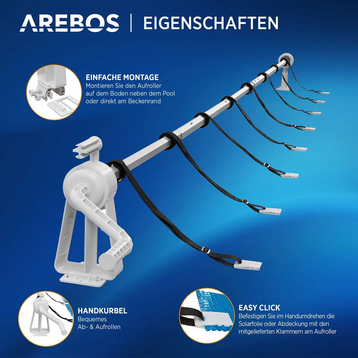 Arebos Aufrollsystem für Solar- und Poolplanen | Pool Aufroller | Länge von 1,05-6,15 m | witterungsbeständiges Material | für die Feste Montage | auch für Aufstellpools geeignet