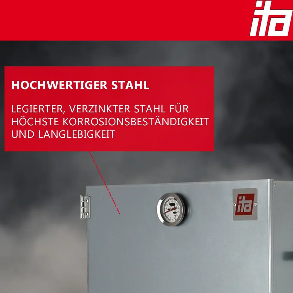 ITA Elektrischer Räucherofen 7003 - Smoker Set mit Heizung, Rauchgenerator - XL Räucherschrank mit Thermometer - Legierter Stahl - EU Qualität, Direkt vom Hersteller - 111 cm mit 4 Etagen