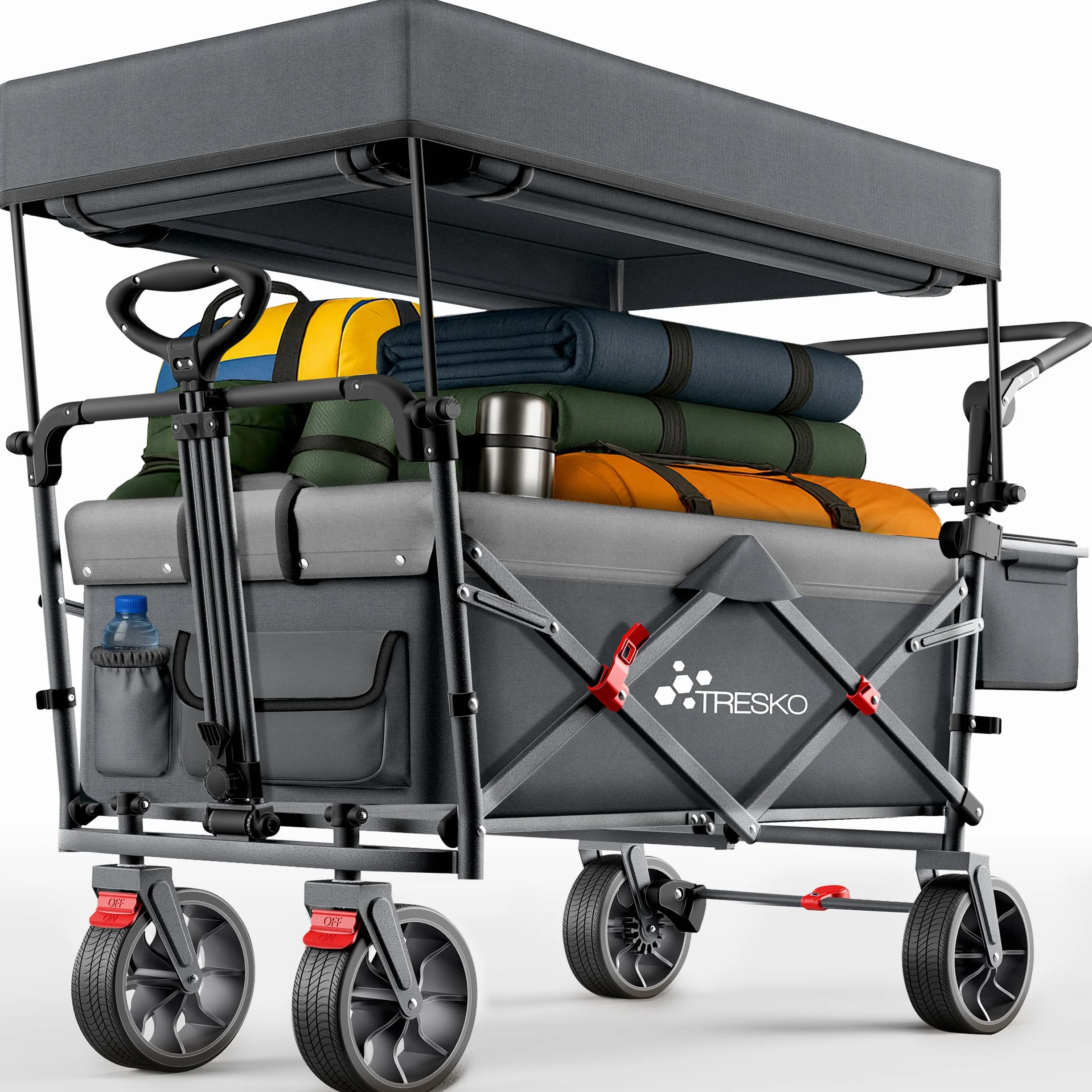 TRESKO® Bollerwagen Faltbar mit Dach, Kühlfach & Seitenrollos | Handwagen max. belastbar bis 150kg | Transportwagen mit Vollgummireifen & Feststellbremsen (Vorne & Hinten) und 3-Punkt-Gurt (Anthrazit)