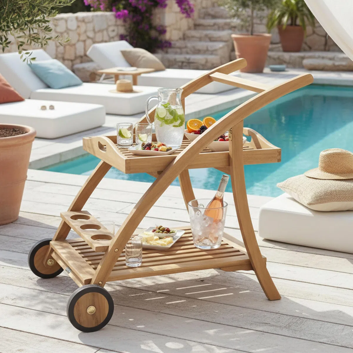 AXI Adi Servierwagen aus Teak Holz mit abnehmbarem Tablett & Flaschenhalter | Küchenwagen mit Rollen für Garten, Balkon, Terrasse | Rollwagen für Outdoor/Küche aus Teakholz | 93 x 62 x 84 cm