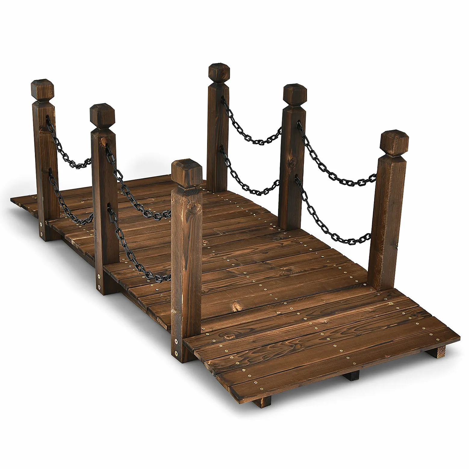 SOARS Holzbrücke mit Geländer & Ketten, Gartenbrücke aus Fichtenholz, stabile Teichbrücke bis 180 kg belastbar, 150 x 67 x 55 cm, Zierbrücke begehbar, Dekobrücke für Garten, Teich & Bach