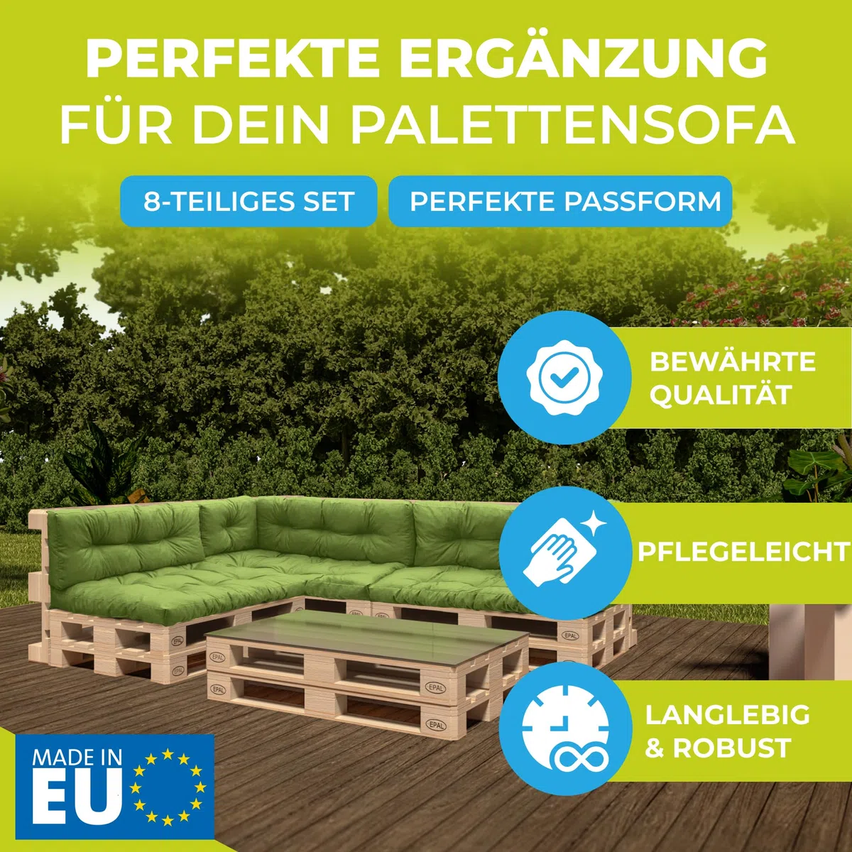 Palettenkissen – 8-teiliges Set | Palettenauflage für Palettensofa | Sitz- und Rückenkissen für Europaletten | Palettenmöbel Indoor & Outdoor, UV-beständig | Made in EU | Dunkelgrau