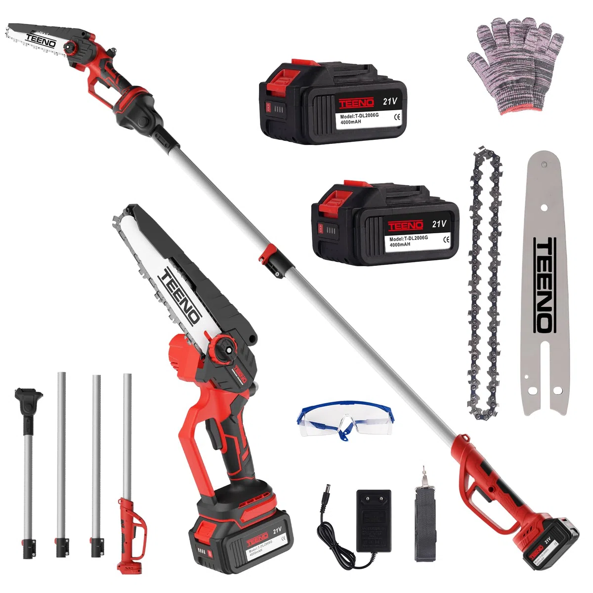 TEENO Hochentaster, Elektrische Kettensäge, 2 in 1, Elektrischer Teleskop-Kettensäge, Teleskopstange, 6 Zoll, 2 * 4000 mAH Akku