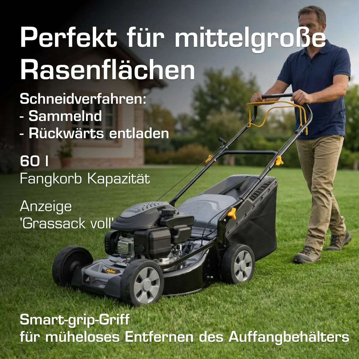Alpina AL5 46 SA Benzin-Rasenmäher, 139 cc, 46 cm – Fangkorb 60 l, Heckantrieb, Zentrale Schnitthöhenverstellung – Rasenflächen bis 1.200 m²