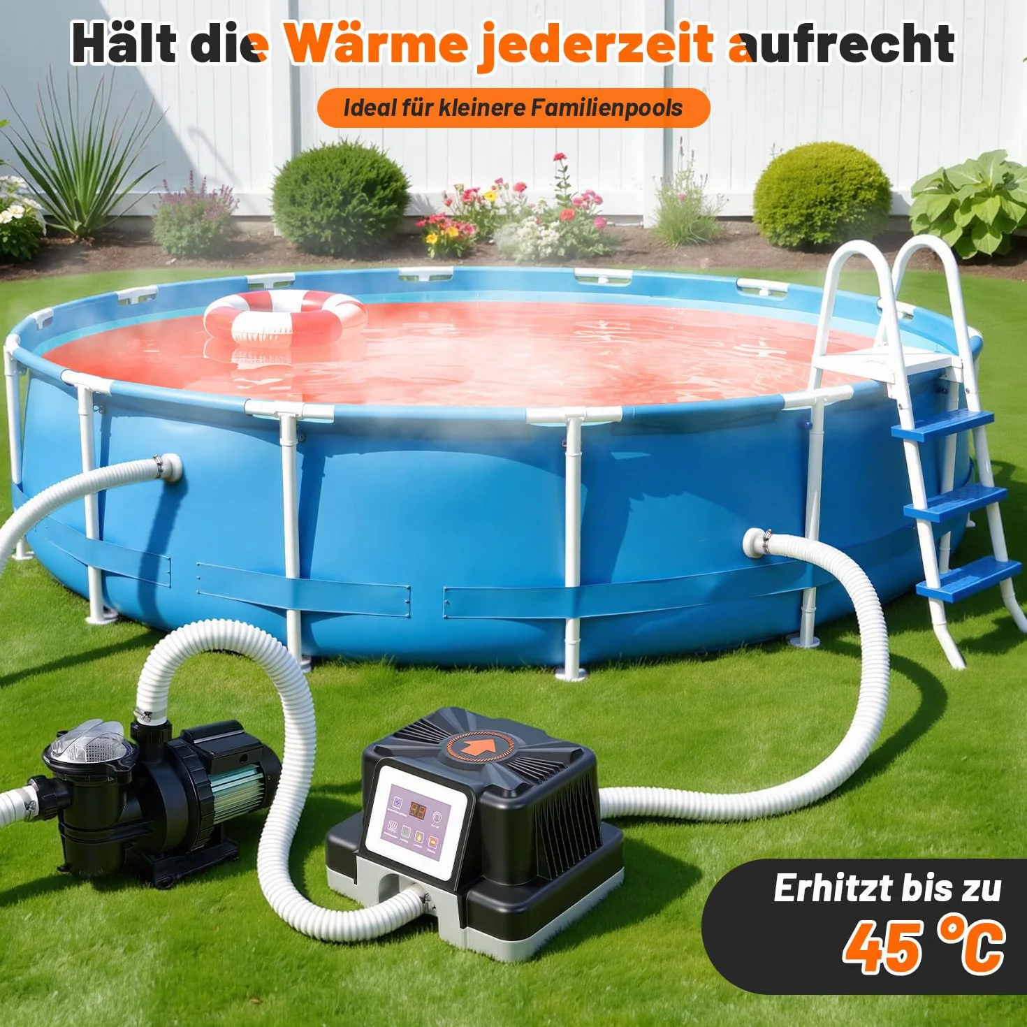 Poolheizung, 3KW Poolheizung Elektrisch mit FI-Schutz & Kippschutz, Digitalanzeige, Wasserdichtes Gehäuse, für Oberirdische Pools bis 3 m³, 32-38 mm Anschluss