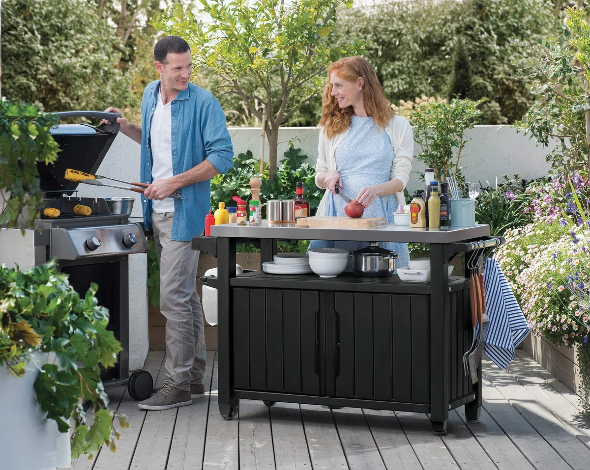 Koll Living Grilltisch/Beistelltisch XXL - Edelstahlplatte - Witterungsbeständig - Holzoptik - Modell 2024 - Nur bei Uns !