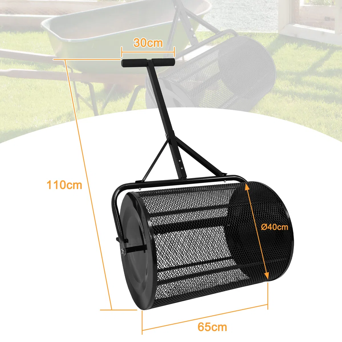 UISEBRT Kompoststreuer 80L Rasen- und Gartenstreuer mit Griff, 65cm Breit Kompost-Streuer und Torfmoos-Streuer mit Mesh-Korb Saatgutstreuer für Kompost Dünger Saat Torf, Schwarz