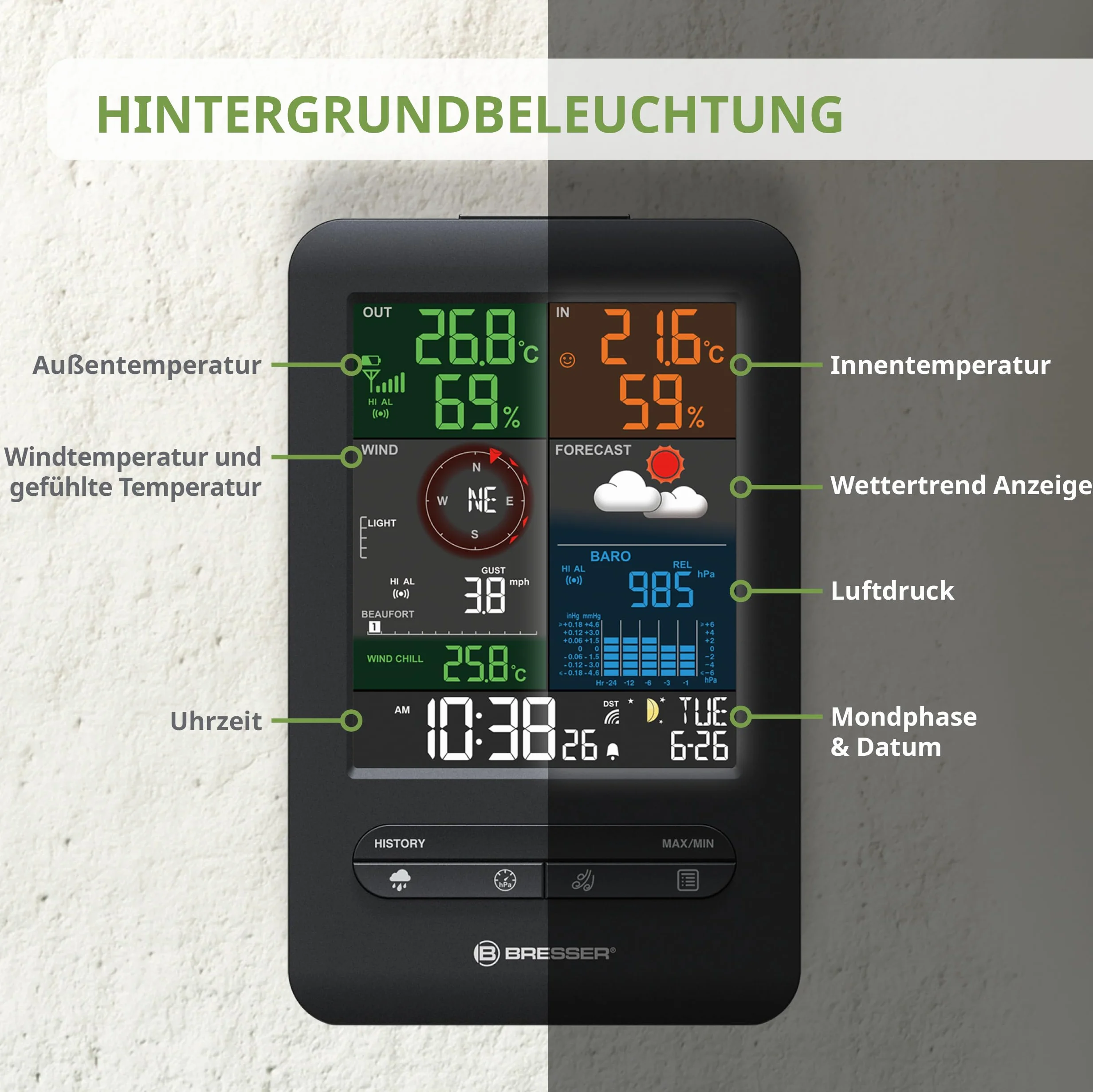 Bresser 7002525 Wetterstation Funk mit Außensensor 5-in-1 Beaufort mit großem Farbdisplay, Sensor für Temperatur, Luftfeuchtigkeit, Luftdruck, Windrichtung und Regenmesser, Schwarz, Einzigartig