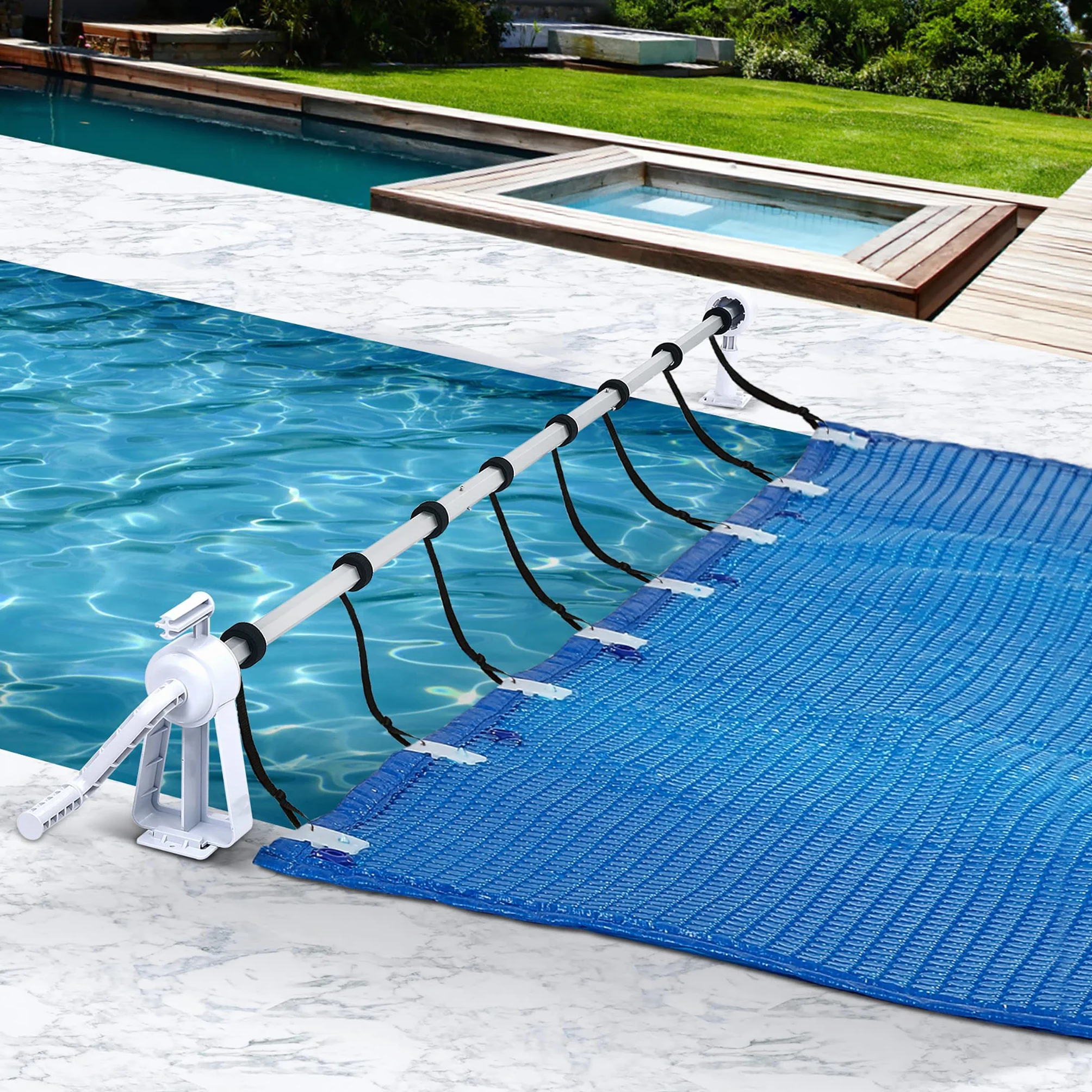 Pool Aufroller Aufrollsystem Aufrollvorrichtung aus Aluminium inkl. 8 Befestigungsbänder für Poolplanen & Solarfolie - 1,05m bis 6,15 m verstellbar