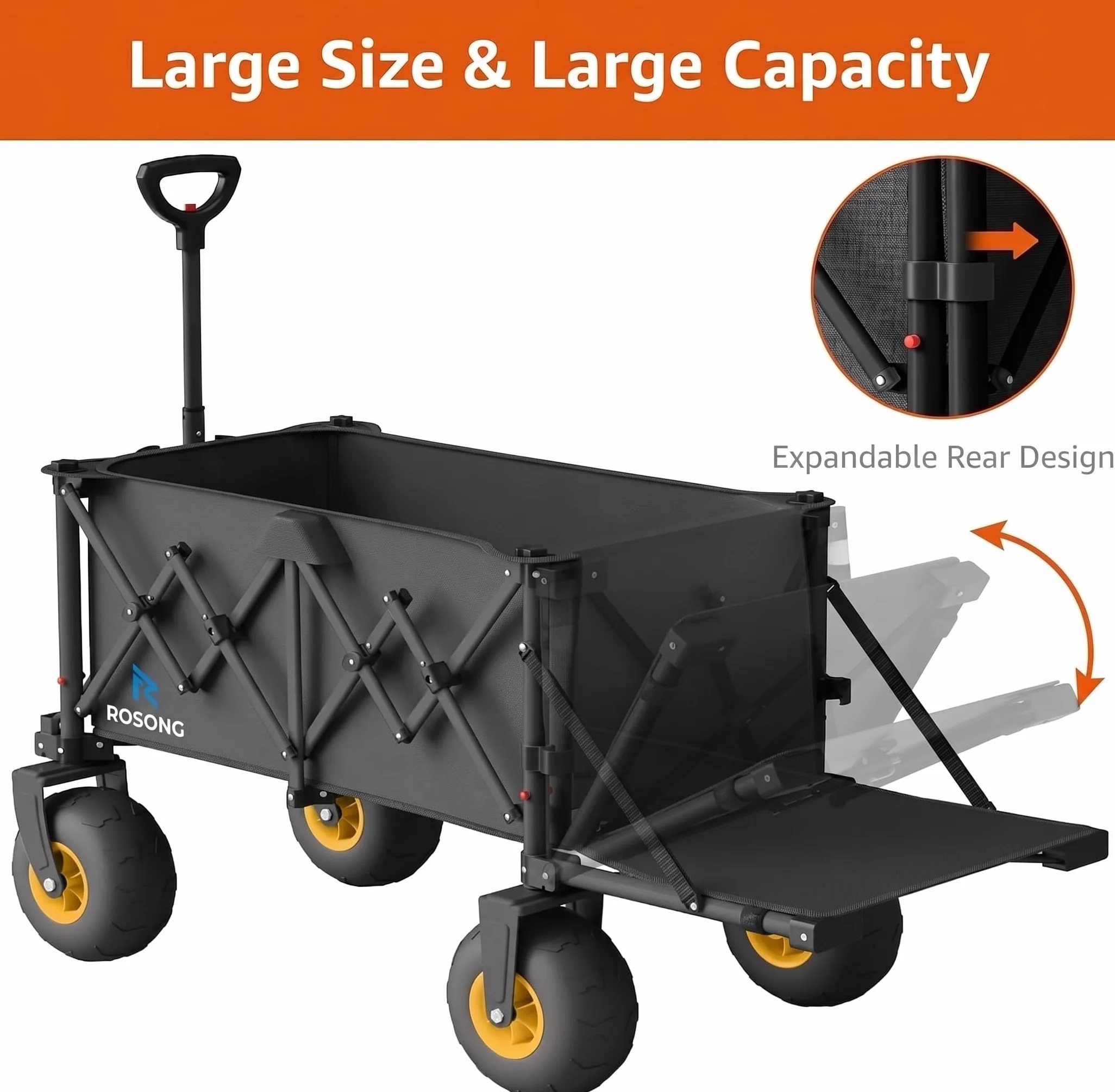 ROSONG Bollerwagen Faltbar, Klappbarer Bollerwagen Strand Mit Heckklappe, Strandwagen mit Breiten Reifen für Sand, Transportwagen für Garten Camping Familie Schwarz