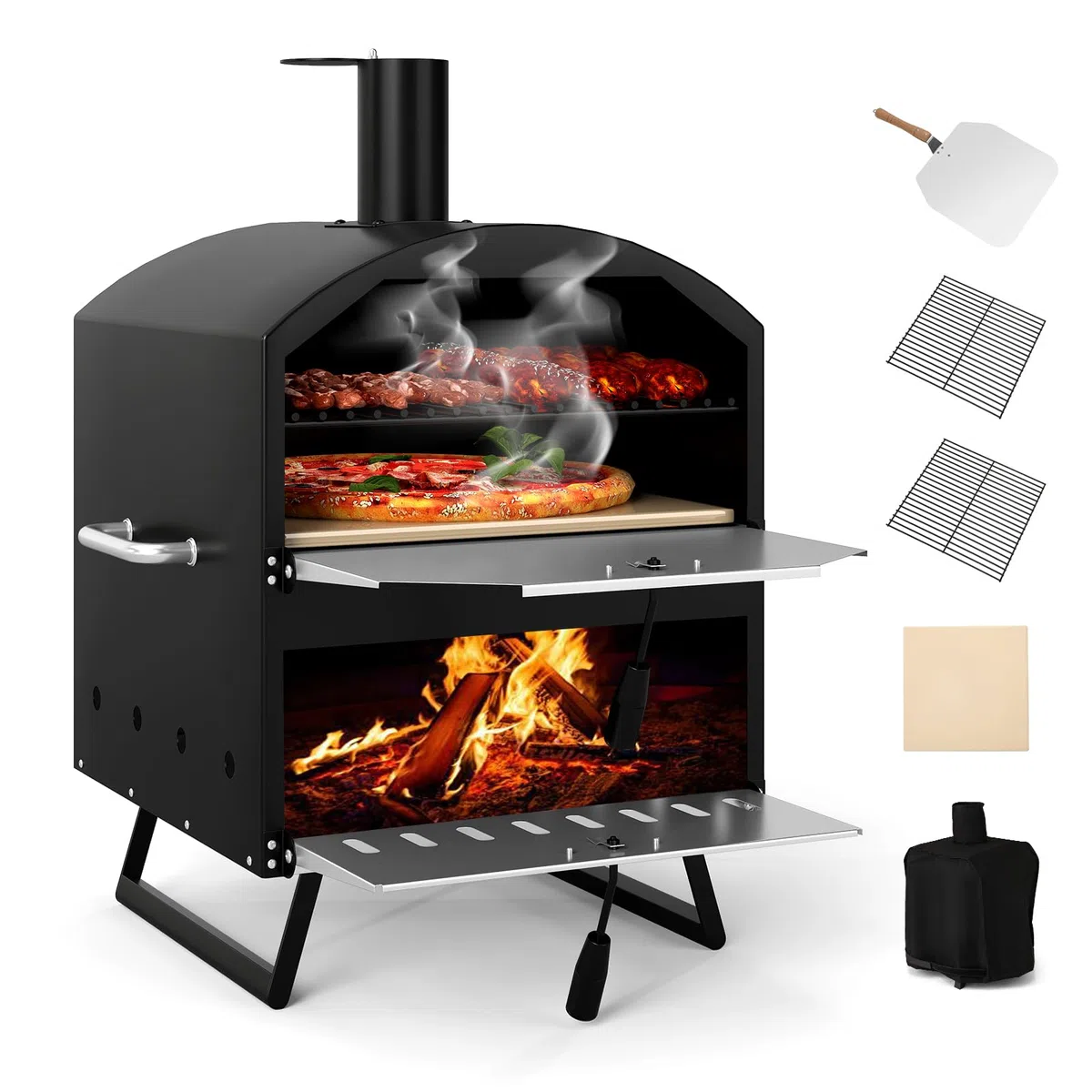 COSTWAY Outdoor Pizzaofen, 2-lagigem Pizza Ofen mit Grillrost, Pizzaschaufel, quadratischem Stein, wasserdichter Abdeckung, tragbarer Brennofen, Holzofen für Picknick, BBQ-Party, Camping