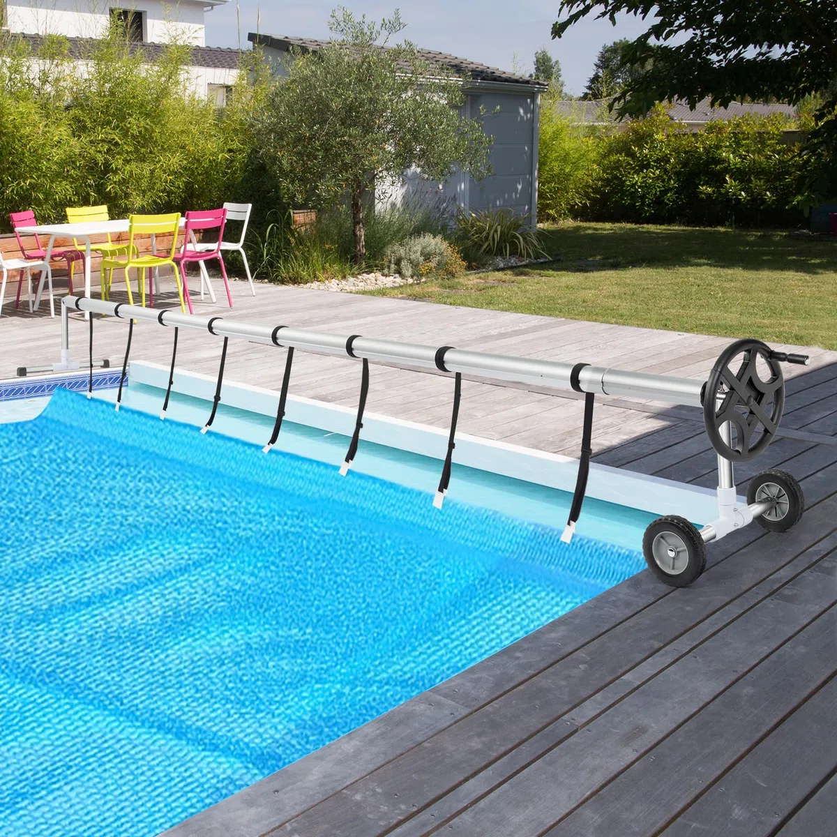 Bonnlo Aufrollsystem für Solar- und Poolplanen, Pool Aufroller bis 5,48m,Aufroller Poolplane aus witterungsbeständiges Material (mit Rädern)