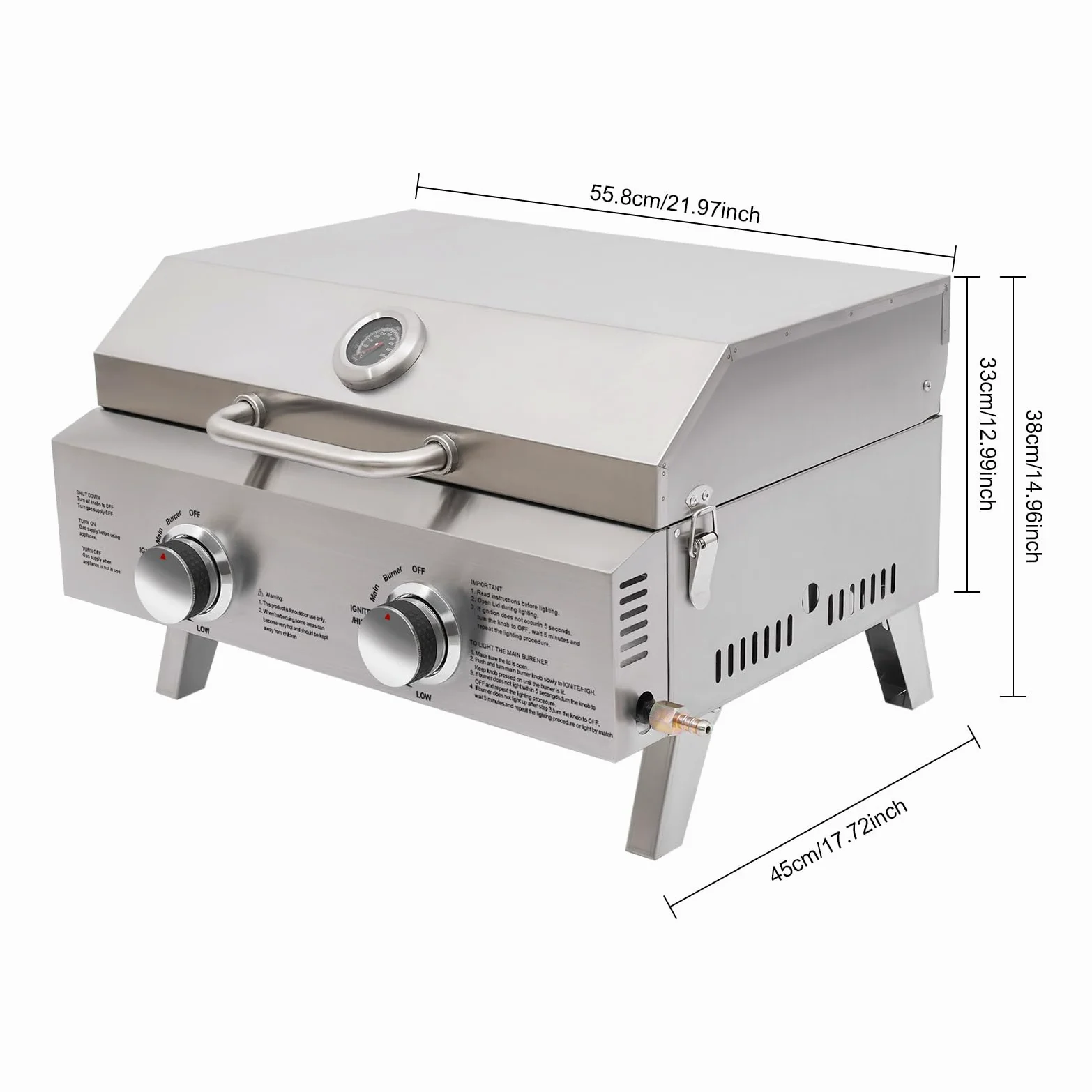 Edelstahl Tragbarer Gasgrill 2 Brenner 55,8 x 45 x 38 cm Campinggrill Tischgrill Klappbaren Beinen Gas Grill für Balkon, Camping, Garten