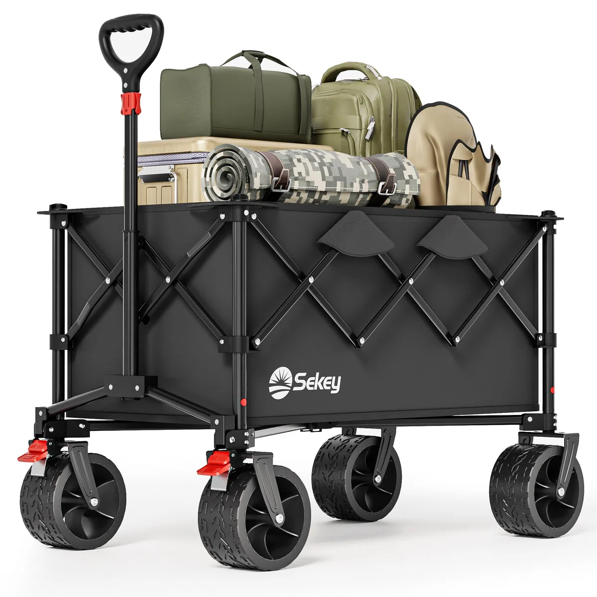 Sekey XXL Bollerwagen Faltbar 135L 150KG Belastbar, Leichter Faltbollerwagen mit Breite 17x8,5cm Räder Handwagen mit Bremse, Patentiert 4-Wege-Sofortaufbau Transportwagen, 4031 All Terrain, Schwarz