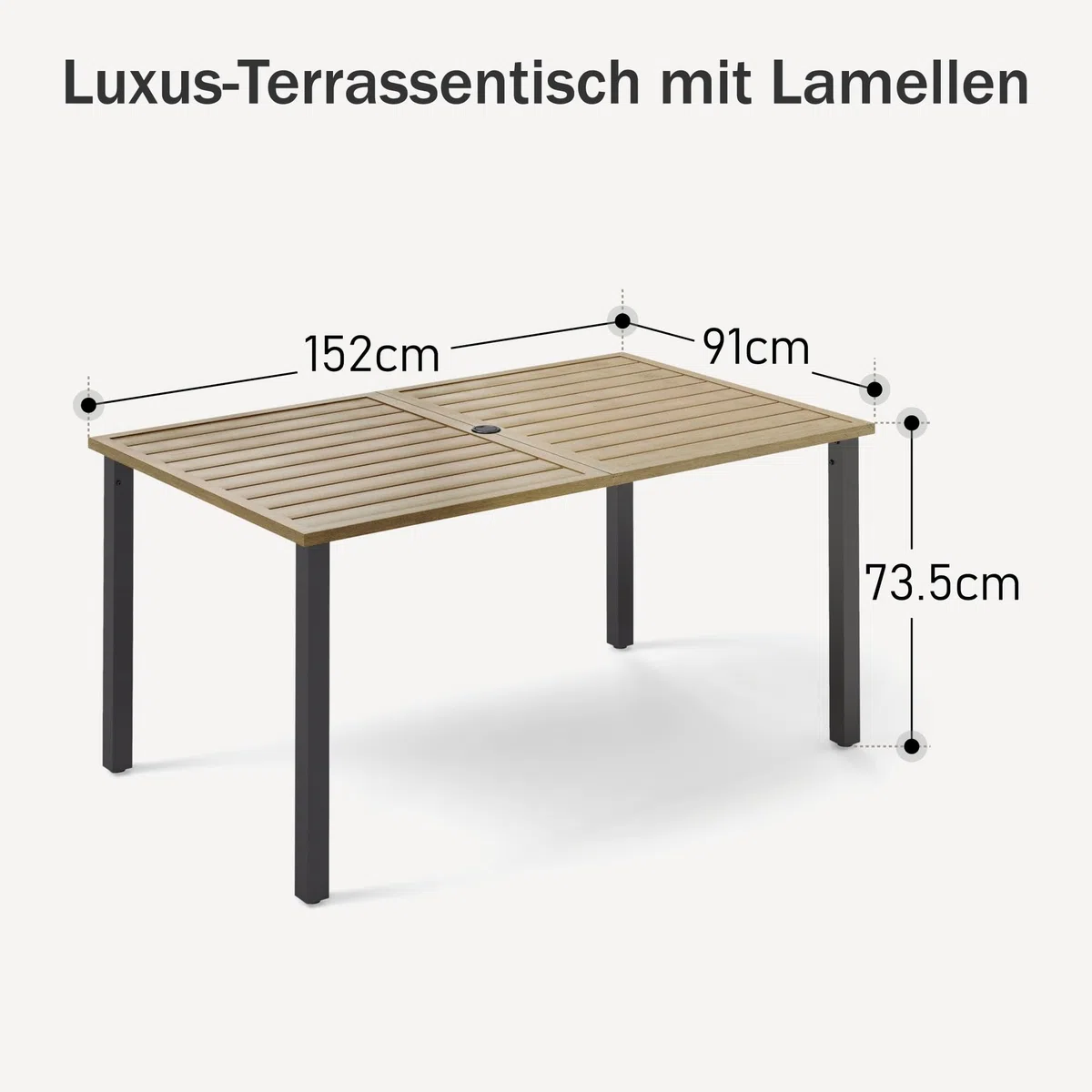 PHI VILLA Gartentisch mit Schirmloch Terrassentisch Gartentische Wetterfester 152x92x73cm Rechteckiger Outdoor Tisch mit Holzähnlicher Metall Tischplatte 4cm Schirmloch für Terrasse Bistro Garten