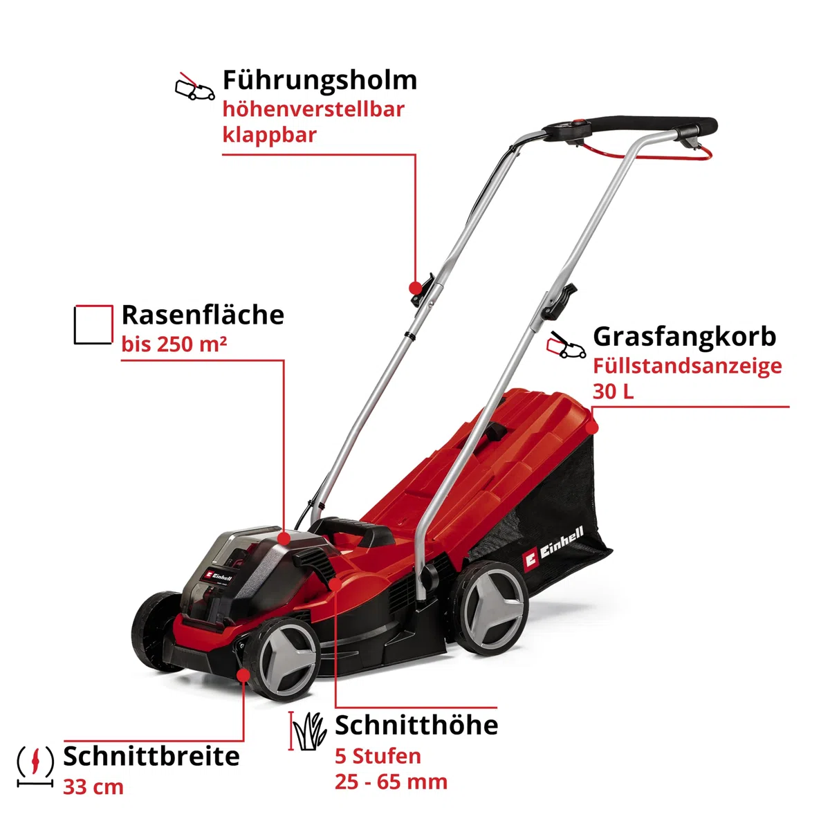 Einhell Akku-Rasenmäher GE-cm 36/33 Li Kit Power X-Change (36 V, 33cm Schnittbreite, bis 250 m², 30L Fangkorb, 25-65 mm Schnitthöhe, inkl. 2X 2,5 Ah Akkus + 2X Ladegeräte)