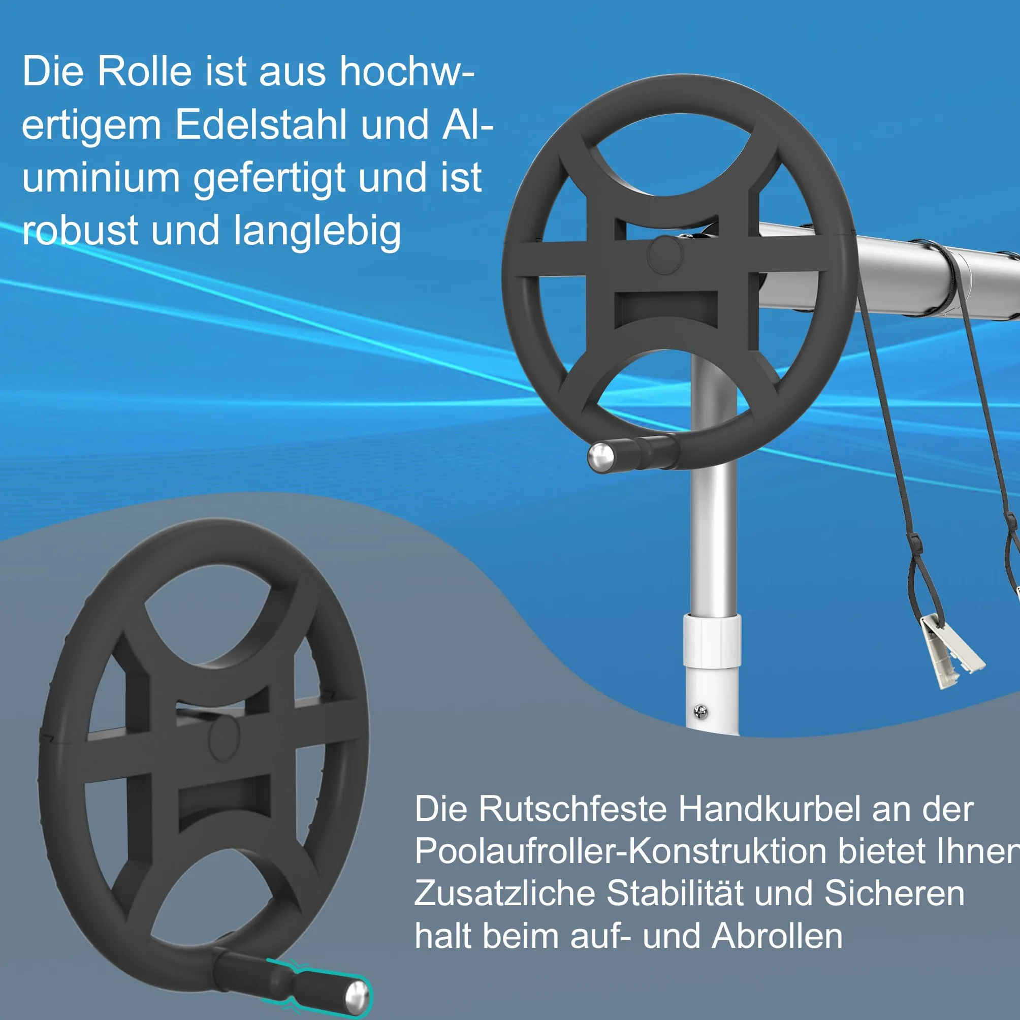 Aufun Pool Aufrollsystem Premium 3-5,70 m mit 2 Reifen, Pool Aufroller für Solarfolie, Aufrollvorrichtung für Poolplane & Abdeckung, inkl. Bänder, witterungsbeständiges Material