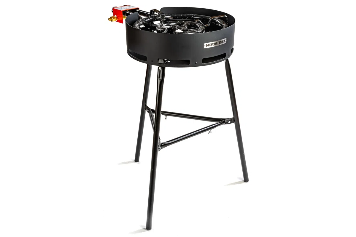 MUURIKKA Outdoor-Kochset, Gasbrenner D-350, 35cm, 2-Brennringe (mit langen Beinen, Windschutz, separat regulierbar, für Wok, Grillplatte & Paella, emailliert) mit Muurikka Grillpfanne 48
