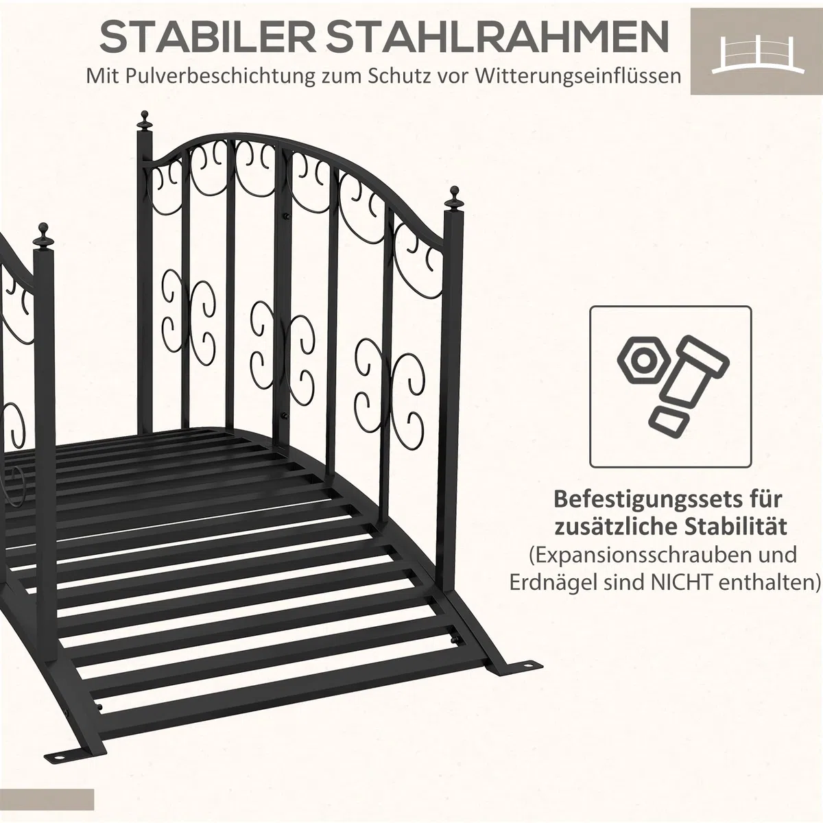 Outsunny Gartenbrücke Stahl 1,19 m Teichbrücke mit Geländer Zierbrücke mit Blumenmuster Dekobrücke bis 120 kg für Balkon, Terrasse, Schwarz
