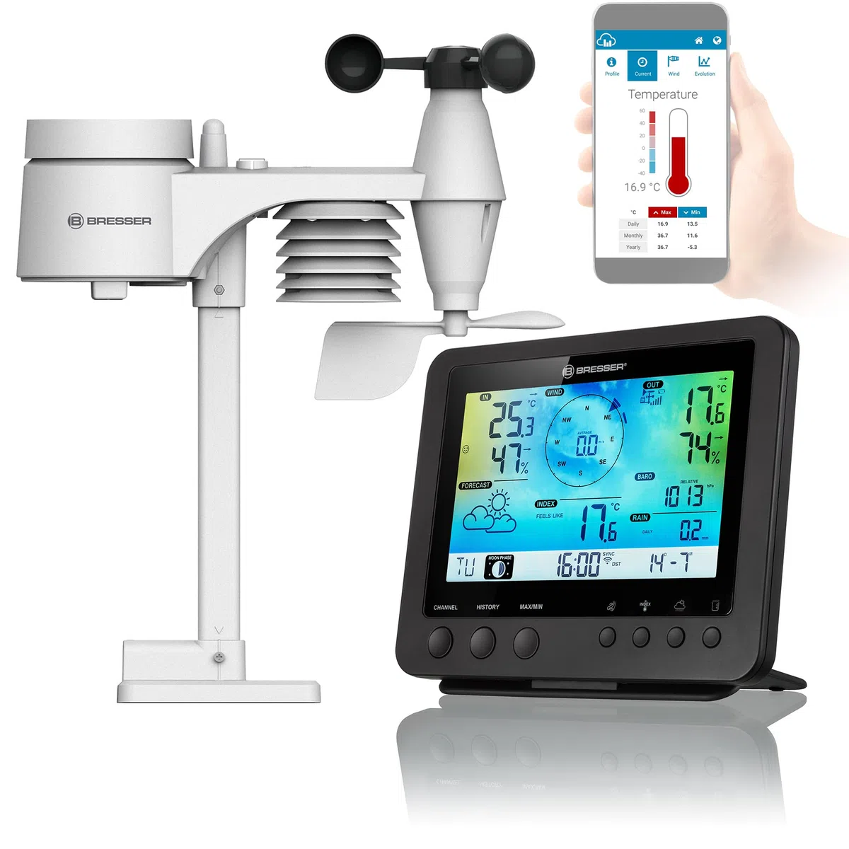 Bresser Wetterstation Funk 5-in-1 schwarz, mit WLAN & Farb-Display, Außensensor für Temperatur, Luftfeuchtigkeit, Wind, Luftdruck, Niederschlag