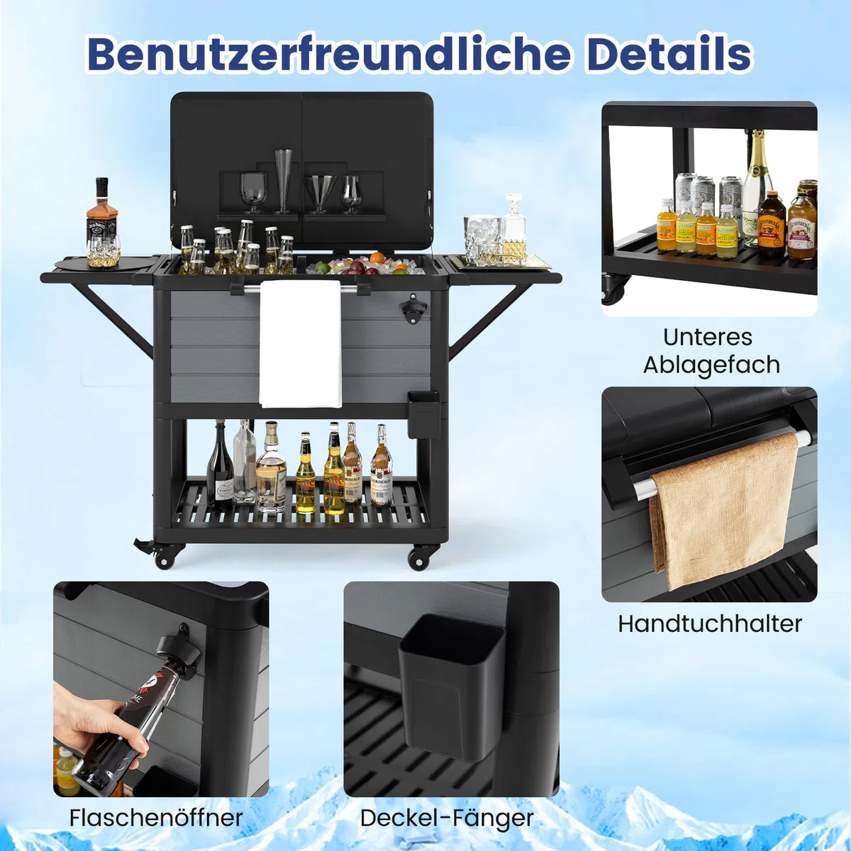 GOPLUS Kühlwagen, Servierwagen mit Rollen, Getränkekühler mit 2 Seitenablagen & Flaschenöffner, Kühlerbox mit großer Kapazität von 91 L, für Outdoor Terrassen Party, Grau
