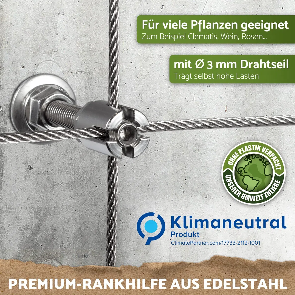 Rankhilfe aus Edelstahl für Kletterpflanzen, Profi-System als Komplettset mit Wandhaltern und 3mm Stahlseil (8 Halter, 12,5m Seil)