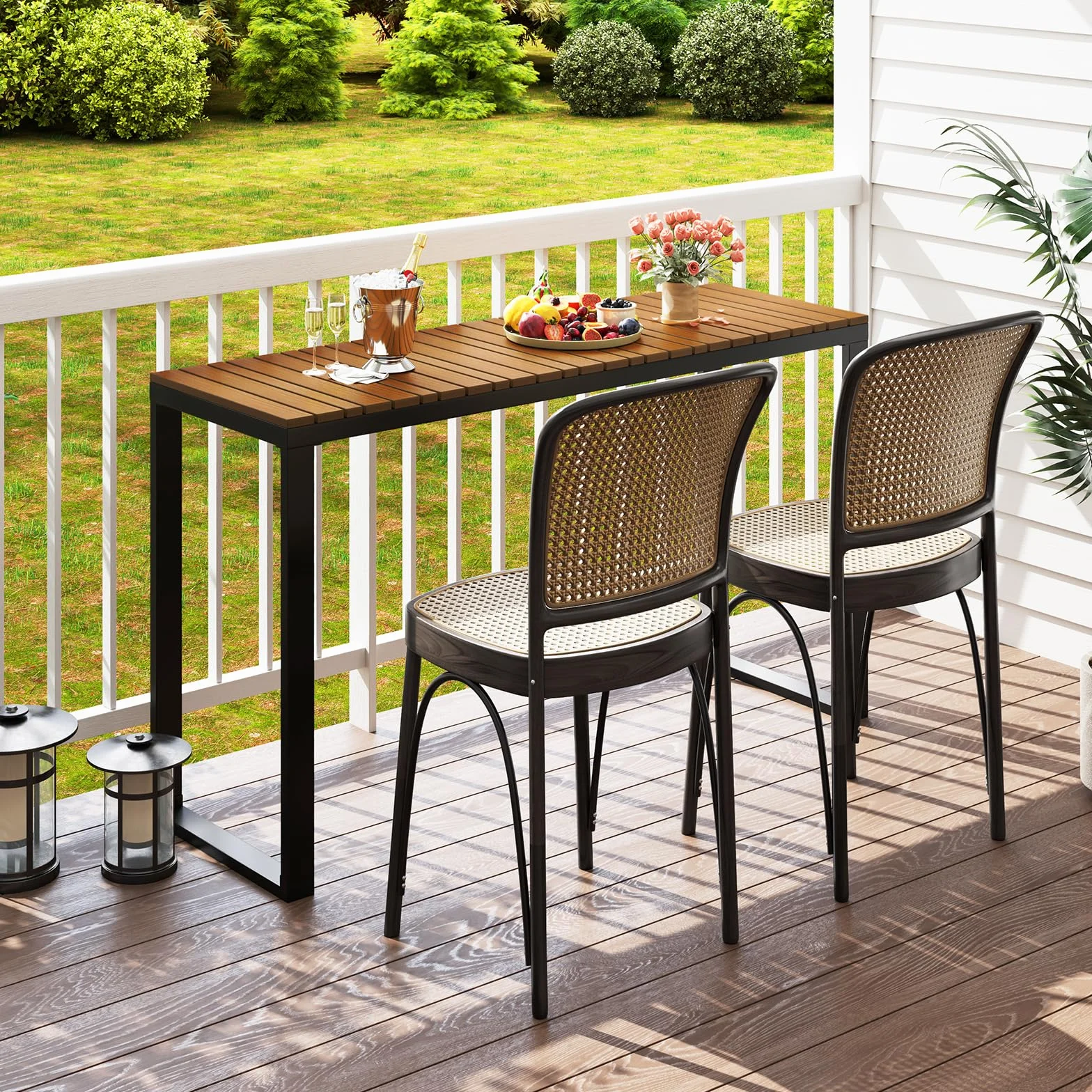 COSTWAY Gartentisch wetterfest, 129x42cm, Terrassentisch mit WPC-Tischplatte und Metallrahmen, rechteckiger Balkontisch, Outdoor-Esstisch für Balkon, Terrasse, Garten