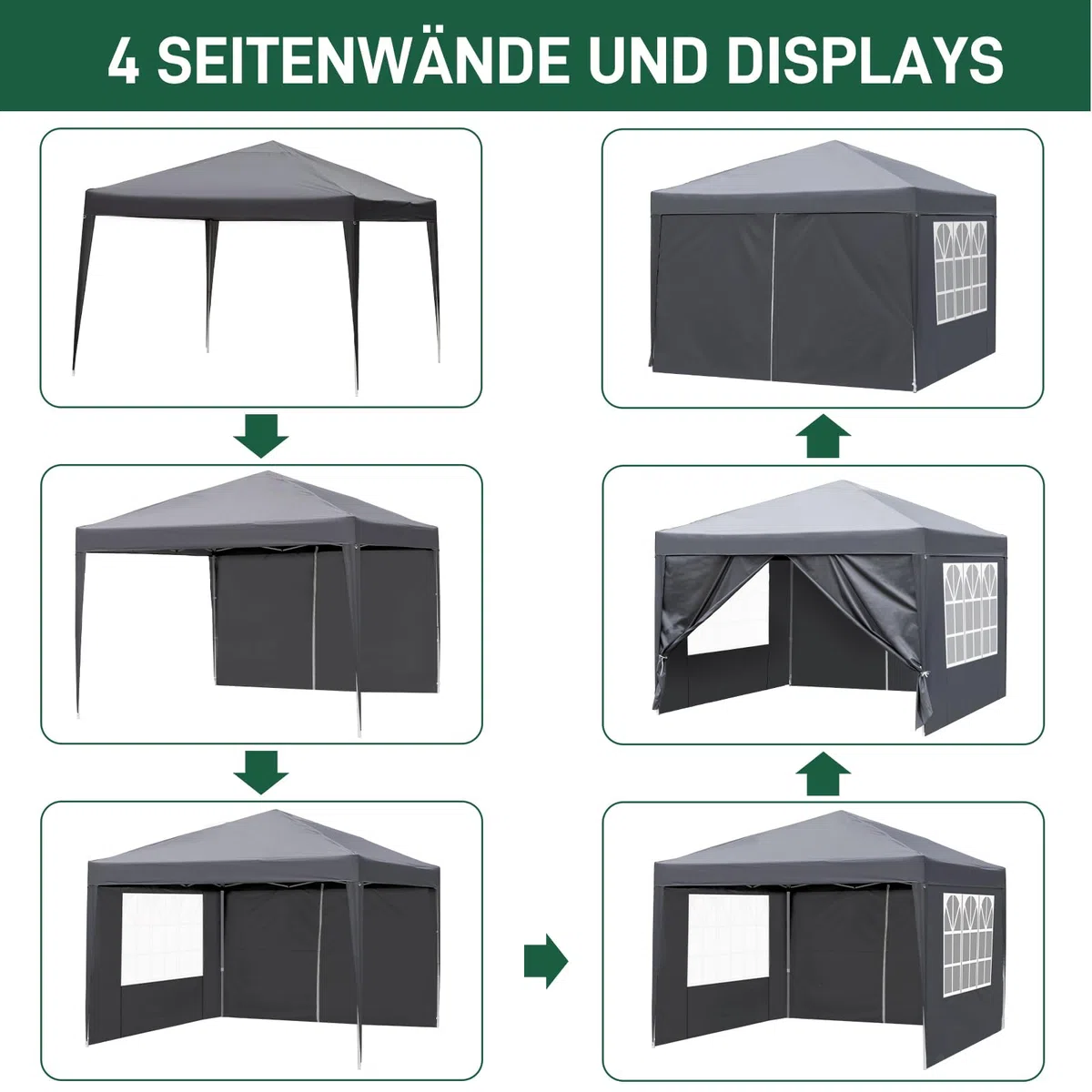 LEADZM Pavillon 3x3m,Pop-up Faltpavillon,Wasserdichter,Winterfest,Höhenverstellbar,UV Schutz 50+,Stahlrahmen,fur Garten,Party,Camping,Outdoor,mit 4 Seitenteilen,Dunkelgrau