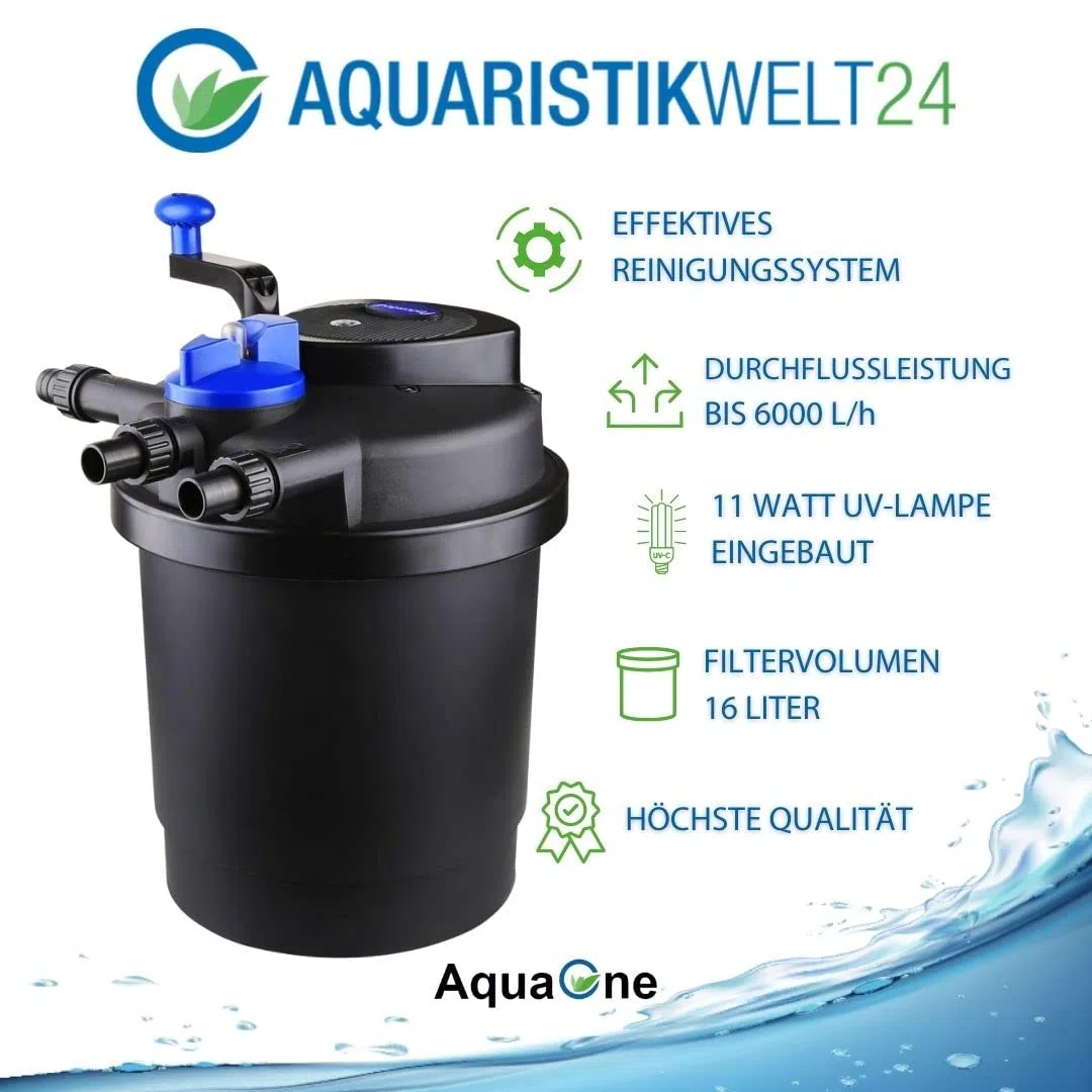 AquaOne Druckteichfilter CPF-2500 I Teichfilter für Teiche bis 6.000 Liter I Bio Teich Filter inkl.11 Watt UVC Klärer mit Kurbelreinigung I schwebealgenfreies klares Wasser