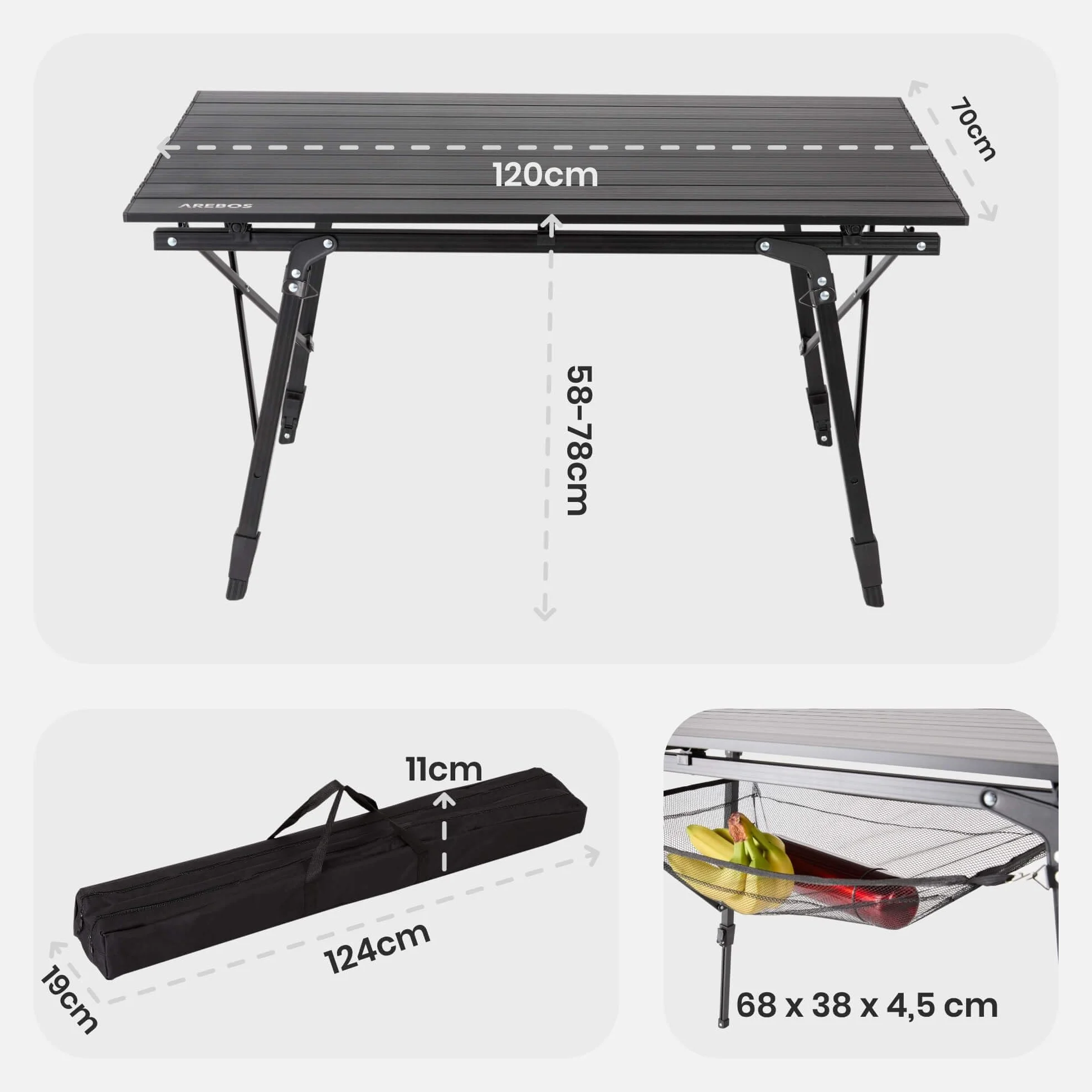 Arebos Campingtisch faltbar 120 x 70 cm | Klapptisch höhenverstellbar 58-78 cm | Camping Zubehör, Garten, Grill, Picknick | Camping Tisch klappbarer Falttisch | Reisetisch inkl. Tragetasche | Schwarz