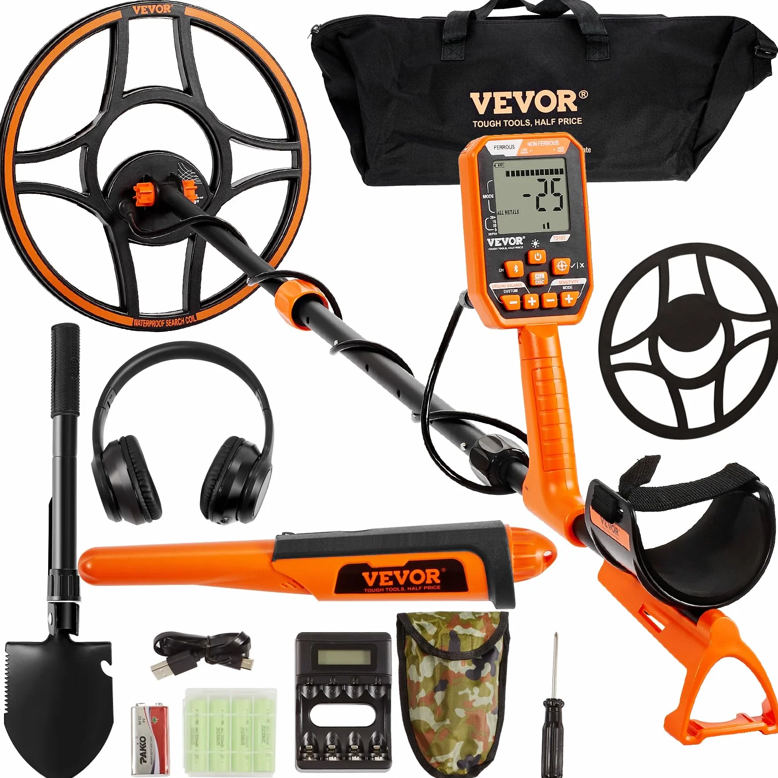 VEVOR Metalldetektor Profi, Metal Detector mit 30 cm Suchspule, 7 Mode, IP68 Tauchtiefe bis zu 3 m Goldsucher mit Verstellbarem Griff Golddetektor inkl. Bluetooth-Headset Präzisions-Ortungsgerät