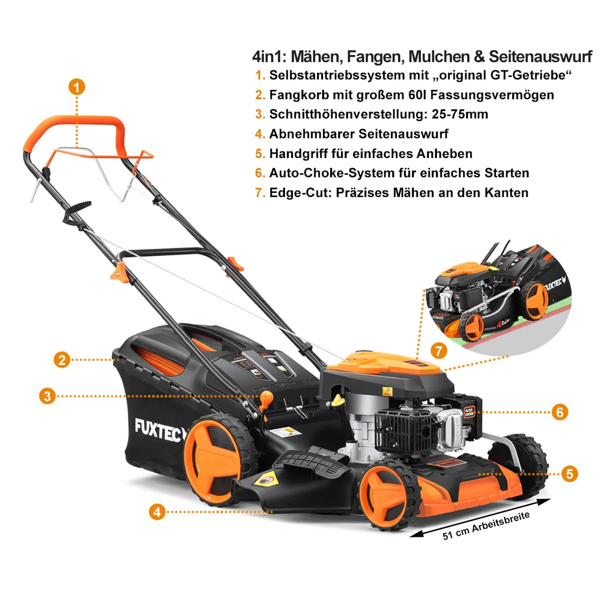 FUXTEC 4in1 Benzin Rasenmäher FX-RM5196 • 6 PS • 196 CCM 4-Takt Motor • Rasenmäher mit Antrieb & 51 cm Schnittbreite • Mulchmäher mit Seitenauswurf • 60L Fangkorb • EasyClean