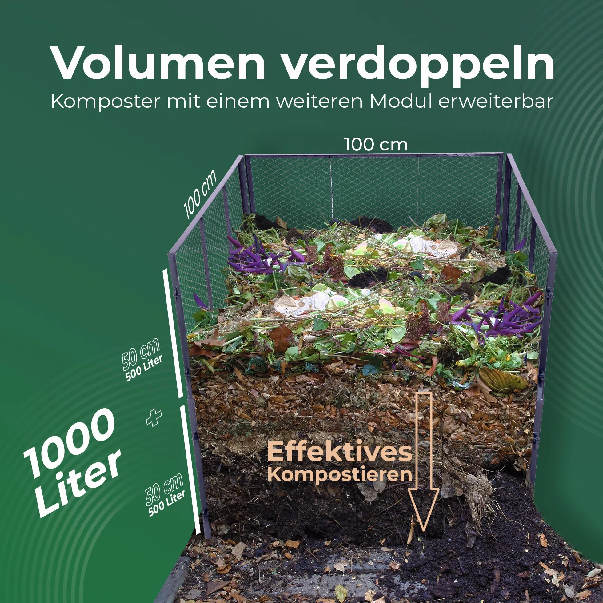 Novatool Garten-Komposter Metall 100x100x50 cm + Deckel und Boden, mit erweiterbarem Stecksytem, pulverbeschichteter Metallkomposter mit 500 Liter Volumen, Draht Kompost Kompostkiste Rasenkomposter