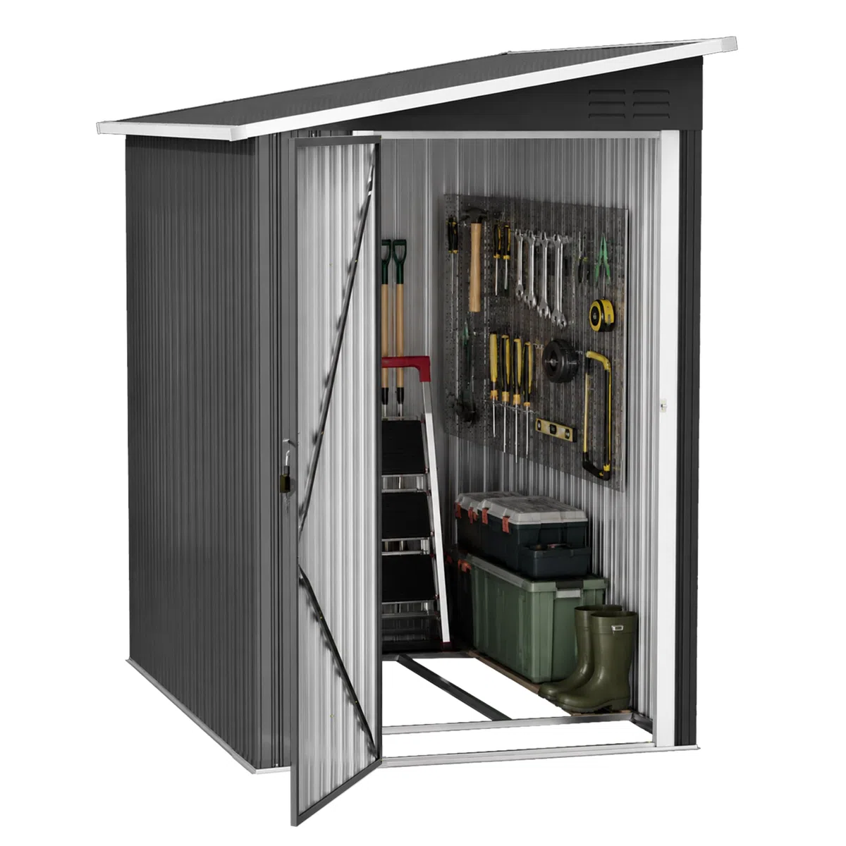 Metall Gerätehaus 4 m³ 192x132x185 cm Gerätehaus Eisen mit Pulverbeschichtung abschließbar & wetterfest Pultdach Werkzeugschrank für Garten Baustelle Industrie/Landwirtschaft,Schwarz