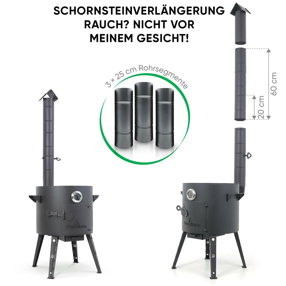 Feuerofen Ø 44cm Herdplatte Ø48 cm Kazan Ø 46,5 cm (16 L) runder Boden Thermometer Schornsteinverlängerung 2Schaumlöffel Schopfkelle 48 cm Schaumlöffel 64 cm (Set - 572)