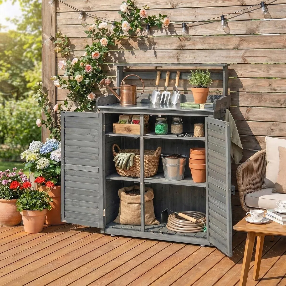 RELAX4LIFE Pflanztisch Outdoor, Gartentisch Holz mit Unterschrank, Verzinkter Arbeitsplatte, Abnehmbaren Regalen & Haken, Arbeitstisch wetterfest für Garten, Hof, Terrasse, 87 x 45 x 120 cm, Grau