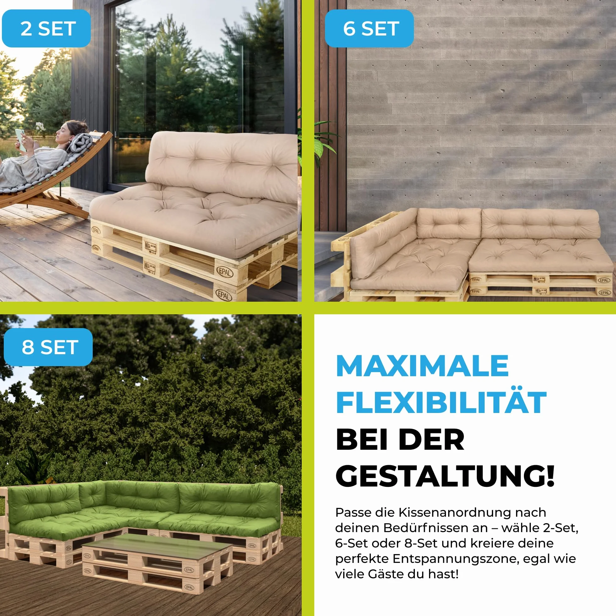 Palettenkissen – 8-teiliges Set | Palettenauflage für Palettensofa | Sitz- und Rückenkissen für Europaletten | Palettenmöbel Indoor & Outdoor, UV-beständig | Made in EU | Dunkelgrau
