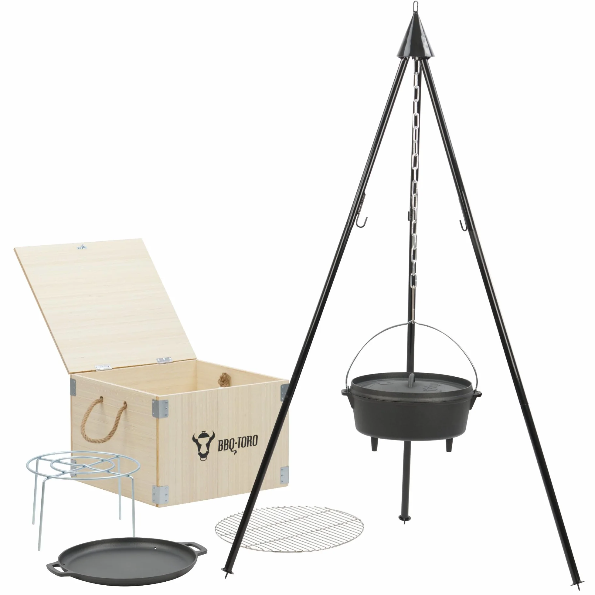 BBQ-Toro Dutch Oven Set 6-teilig mit Holzkiste | Schwarz | Rundes Gusseisen Kochgeschirr Set mit 6 QT, Pfanne, Grillrost, Untersetzer & Dreibein | Outdoor Kochset, Dreibein Kessel, Grillpfanne