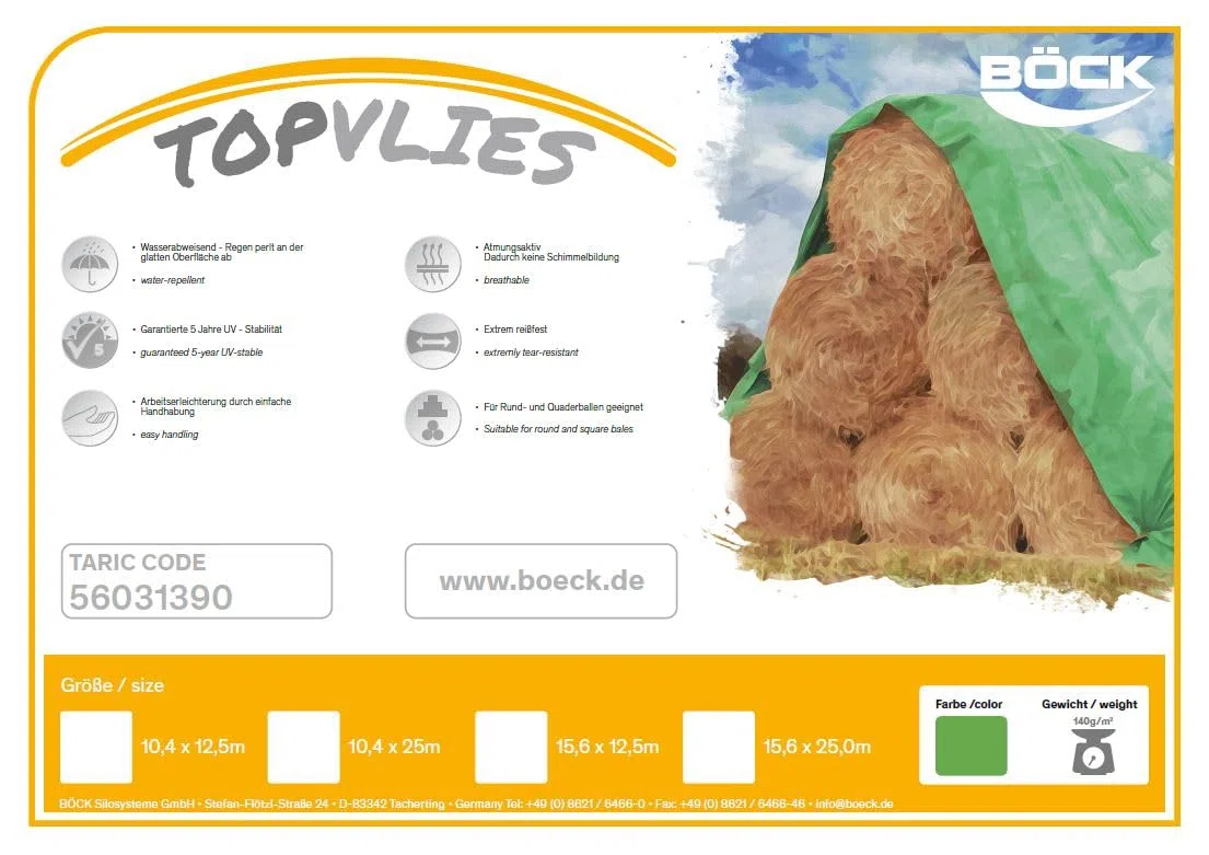 Böck TOPvlies Strohvlies 10,4 x 12,50 m I Stabiles 140 g/m² Schutzvlies I Extrem reißfestes Heuvlies für langfristigen Schutz I Abdeckvlies wetterfest & UV-beständig