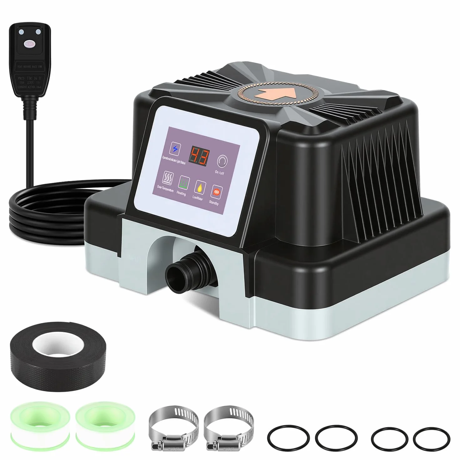 Poolheizung, 3KW Poolheizung Elektrisch mit FI-Schutz & Kippschutz, Digitalanzeige, Wasserdichtes Gehäuse, für Oberirdische Pools bis 3 m³, 32-38 mm Anschluss