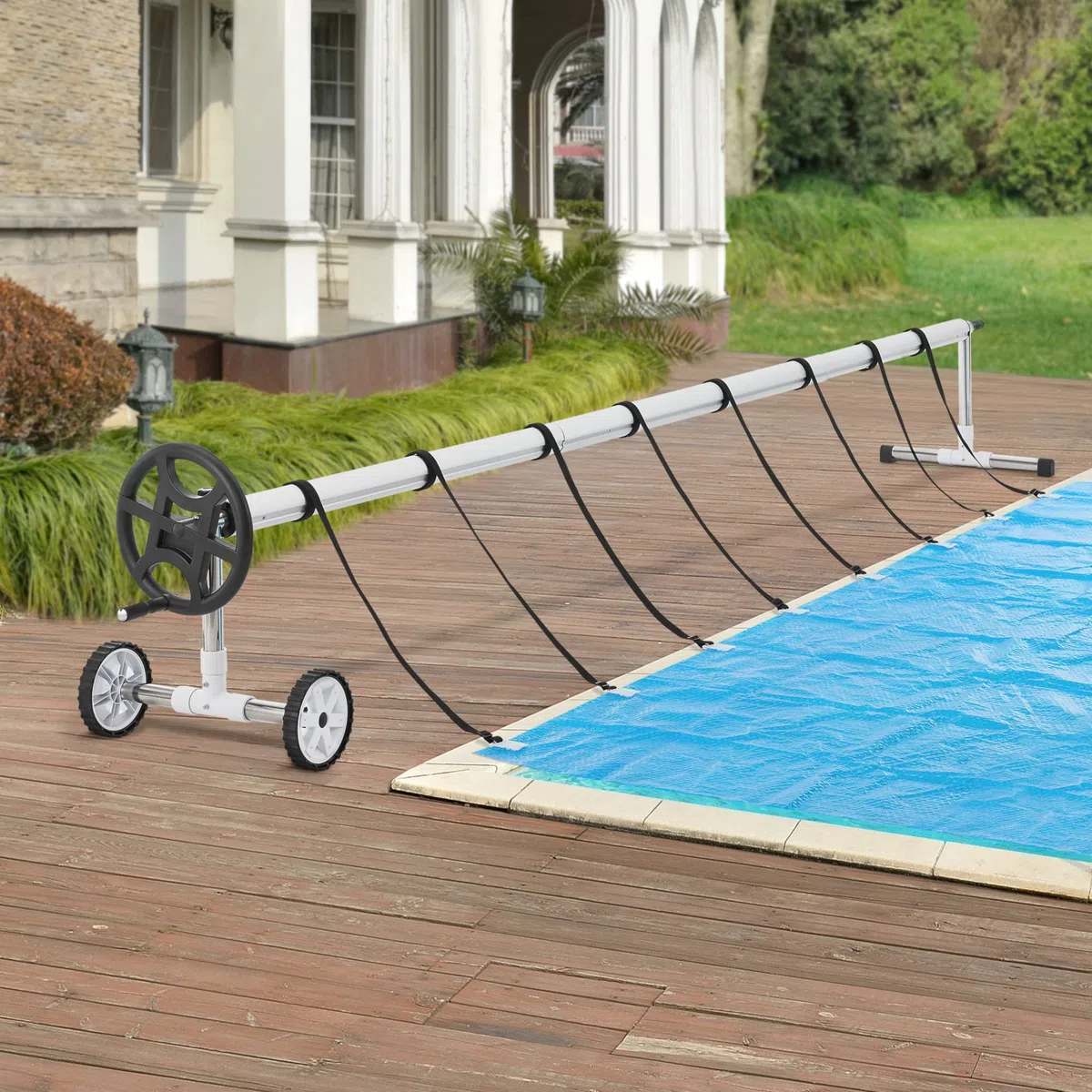 [en.casa] Pool Aufrollvorrichtung Amorgo Aufroller mit Rädern 300-630 cm verstellbar Aufrollsystem für Solarplanen Poolplanen Aluminium