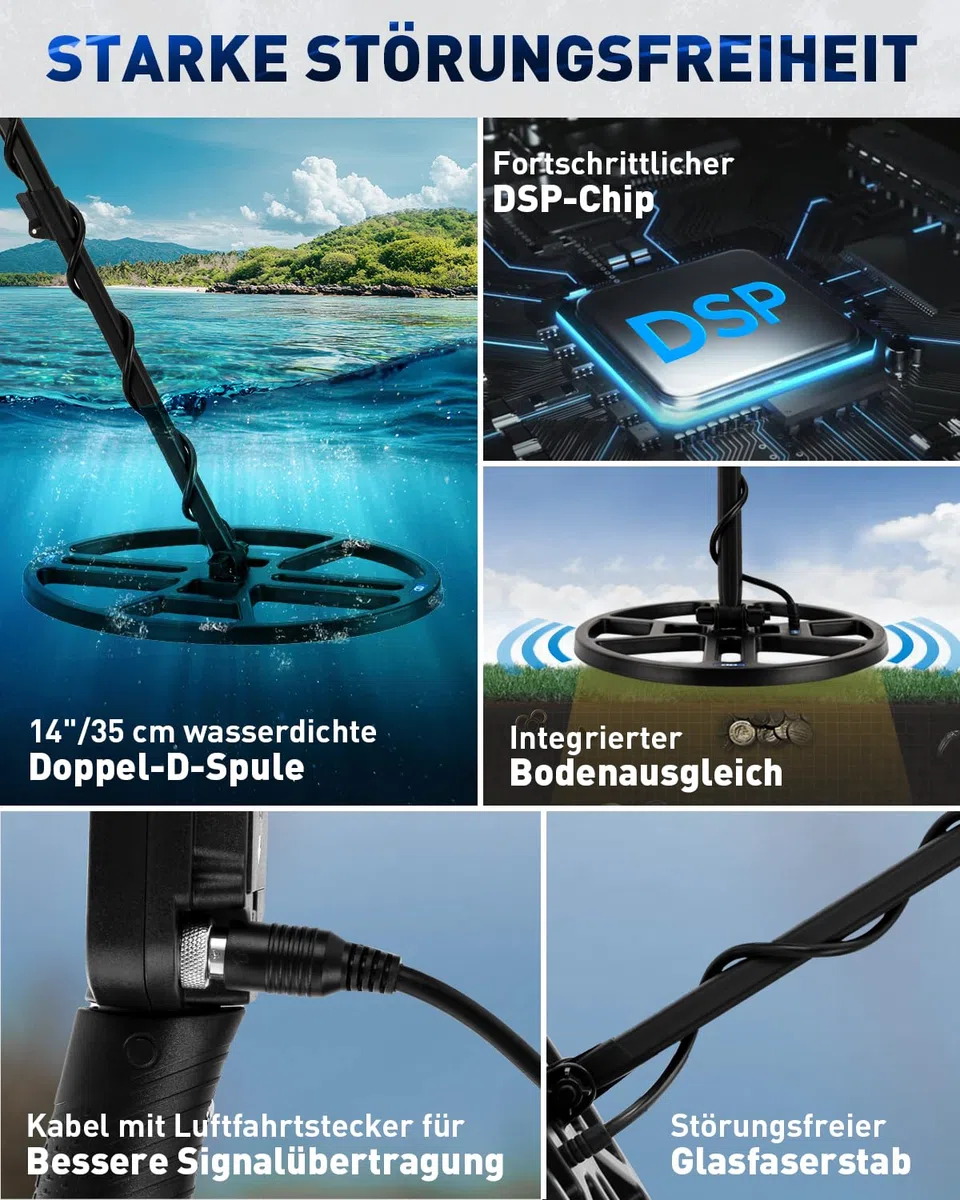 Hazlewolke Metalldetektor Professional, 14'' wasserdichte & Breiterer Scanbereich DD-Suchspule, Metal Detector mit Pinpoint-Modus, 33 cm Suchtiefe, 4 Modi, Gold Detektor für Erwachsene