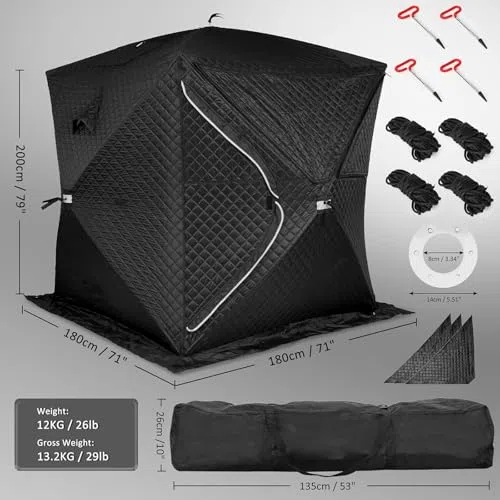 Outdoor Saunazelt für 4 Personen, isoliertes Angelzelt, stabiles Allwetter-Design, Panoramablick, einfacher Aufbau für Camping und Schneefischen