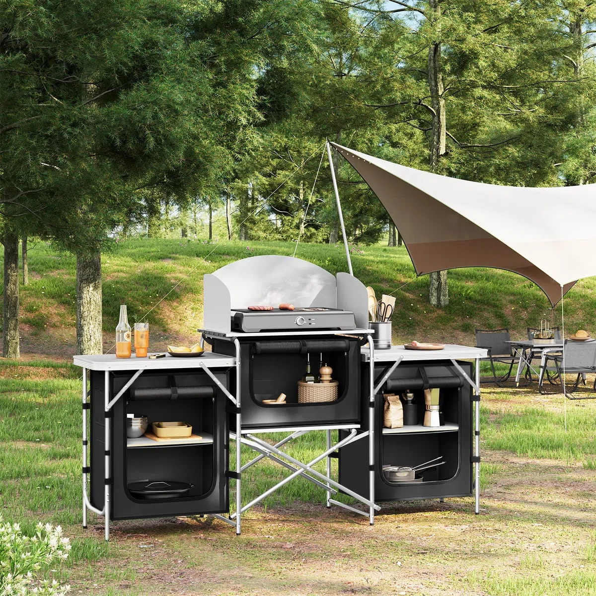 WOLTU Campingküche, Campingschrank faltbar, Outdoor Küche mit Arbeitsplatten Staufächern, Camping Tisch, Reiseküche, inkl. Tragtasche, Aluminium MDF, Schwarz