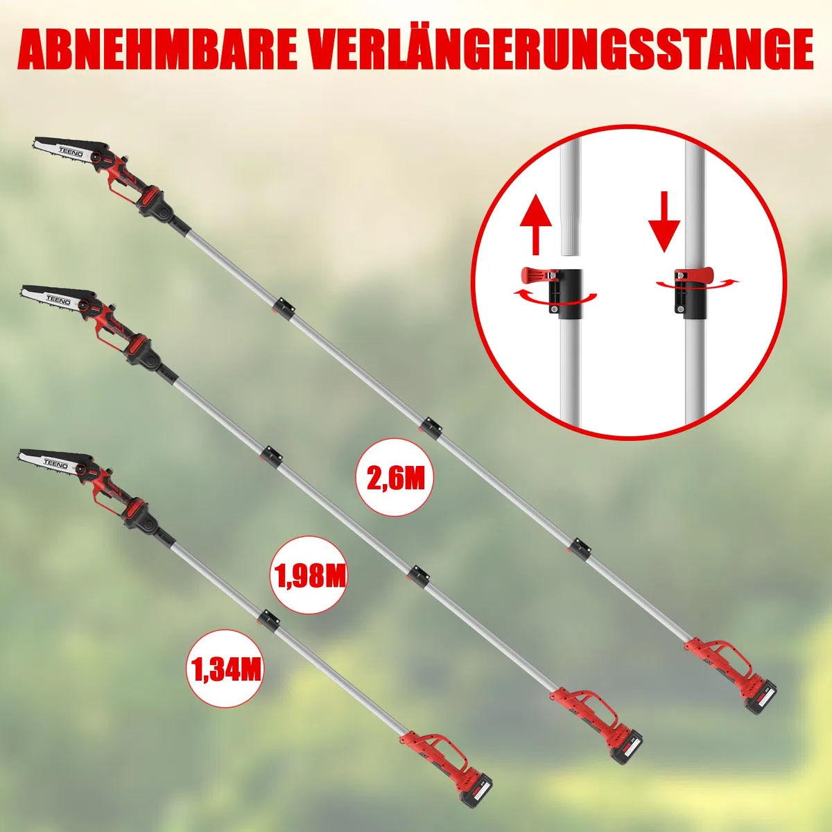 TEENO Hochentaster, Elektrische Kettensäge, 2 in 1, Elektrischer Teleskop-Kettensäge, Teleskopstange, 6 Zoll, 2 * 4000 mAH Akku
